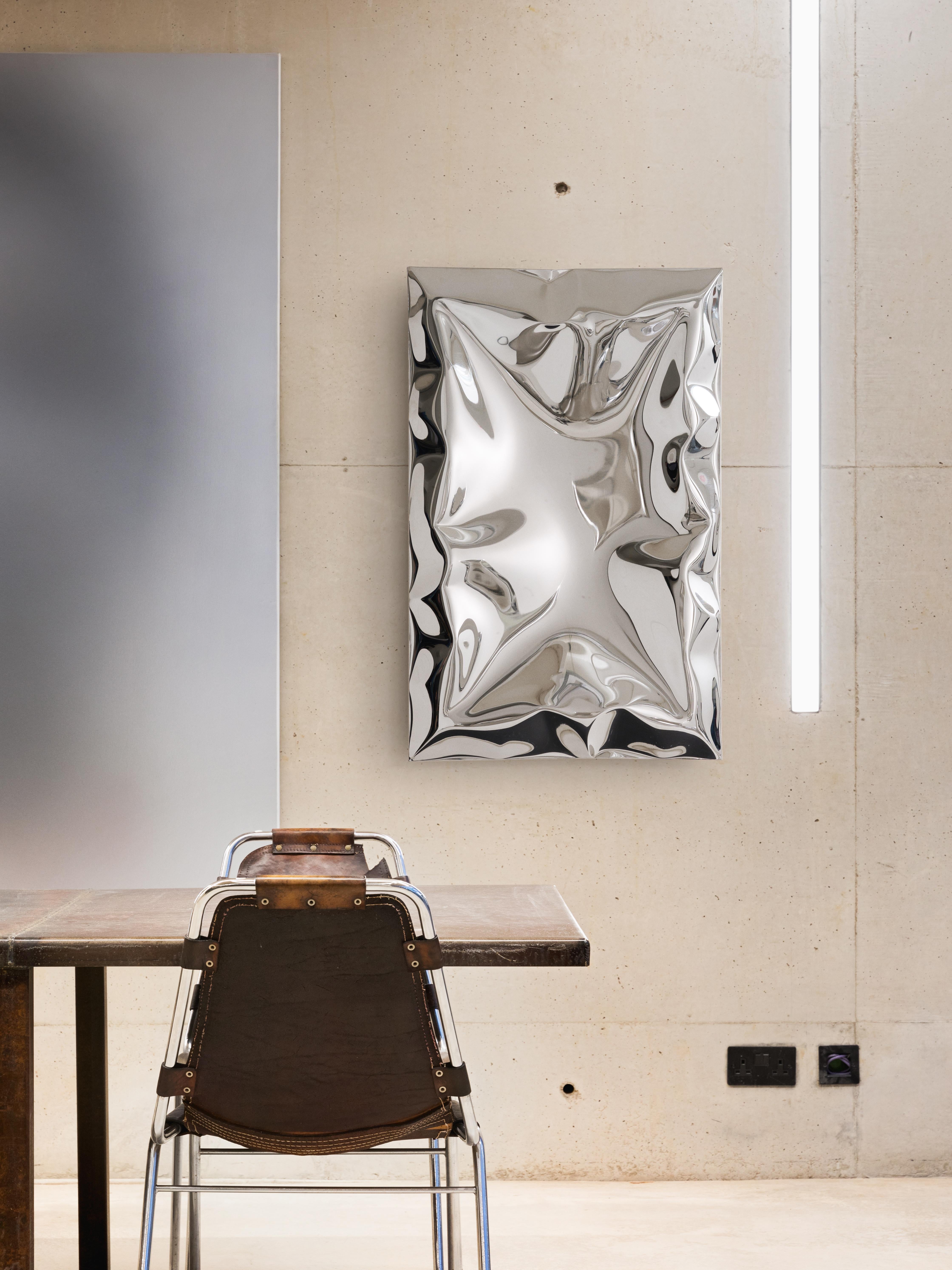 Polished 'Crush' inflated metal wall piece medium, stainless steel For Sale