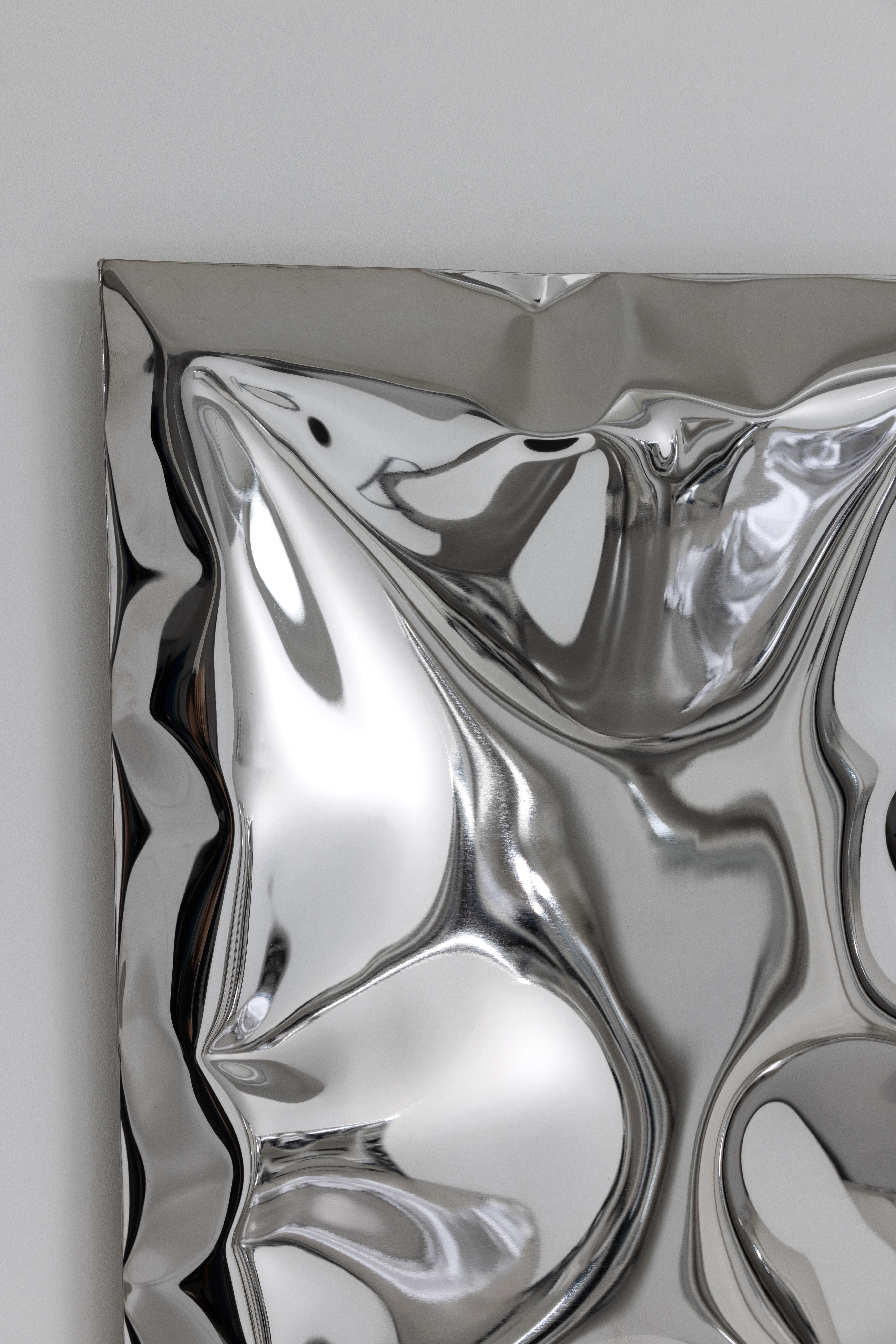 Contemporary 'Crush' inflated metal wall piece medium, stainless steel For Sale