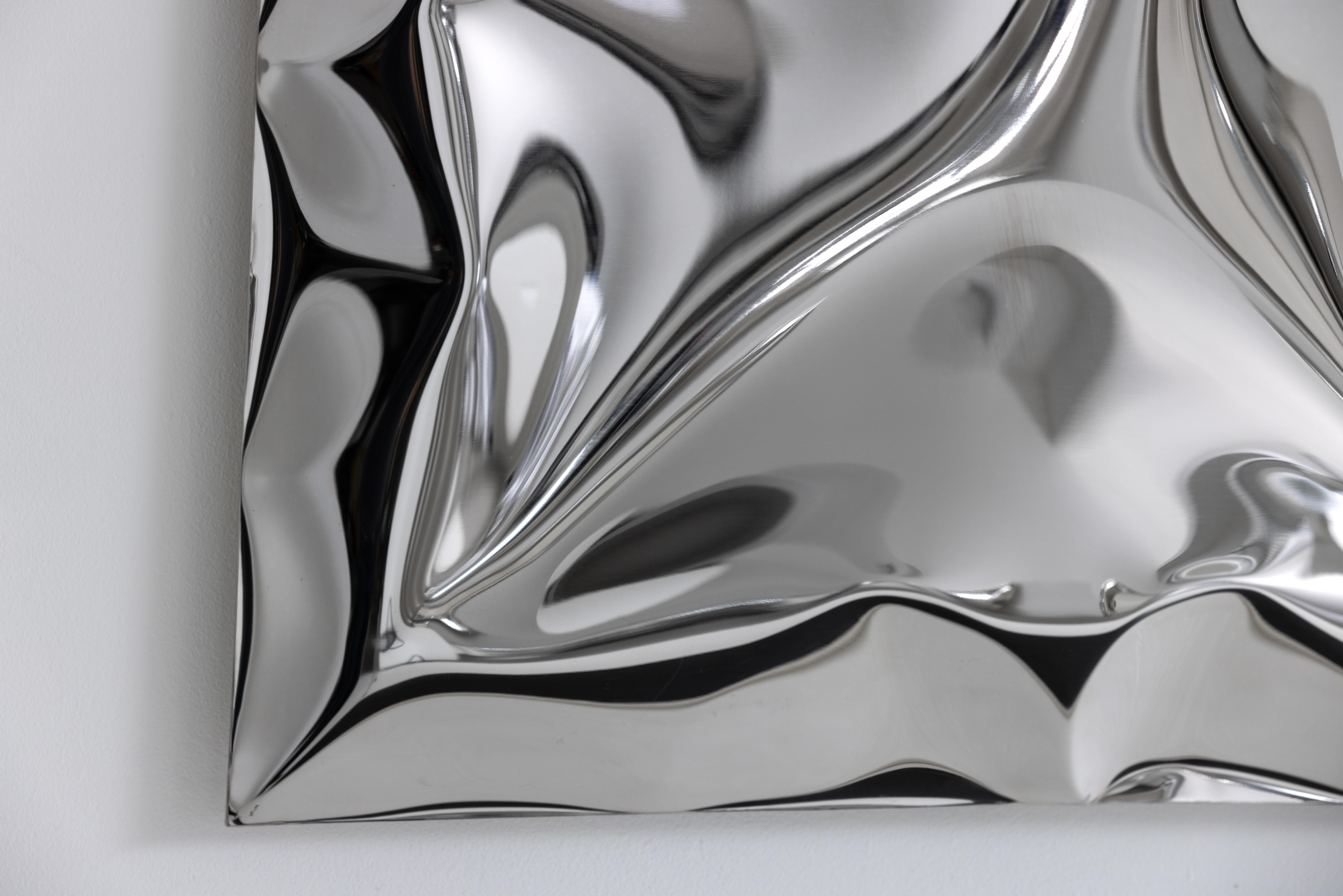'Crush' inflated metal wall piece medium, stainless steel For Sale 1