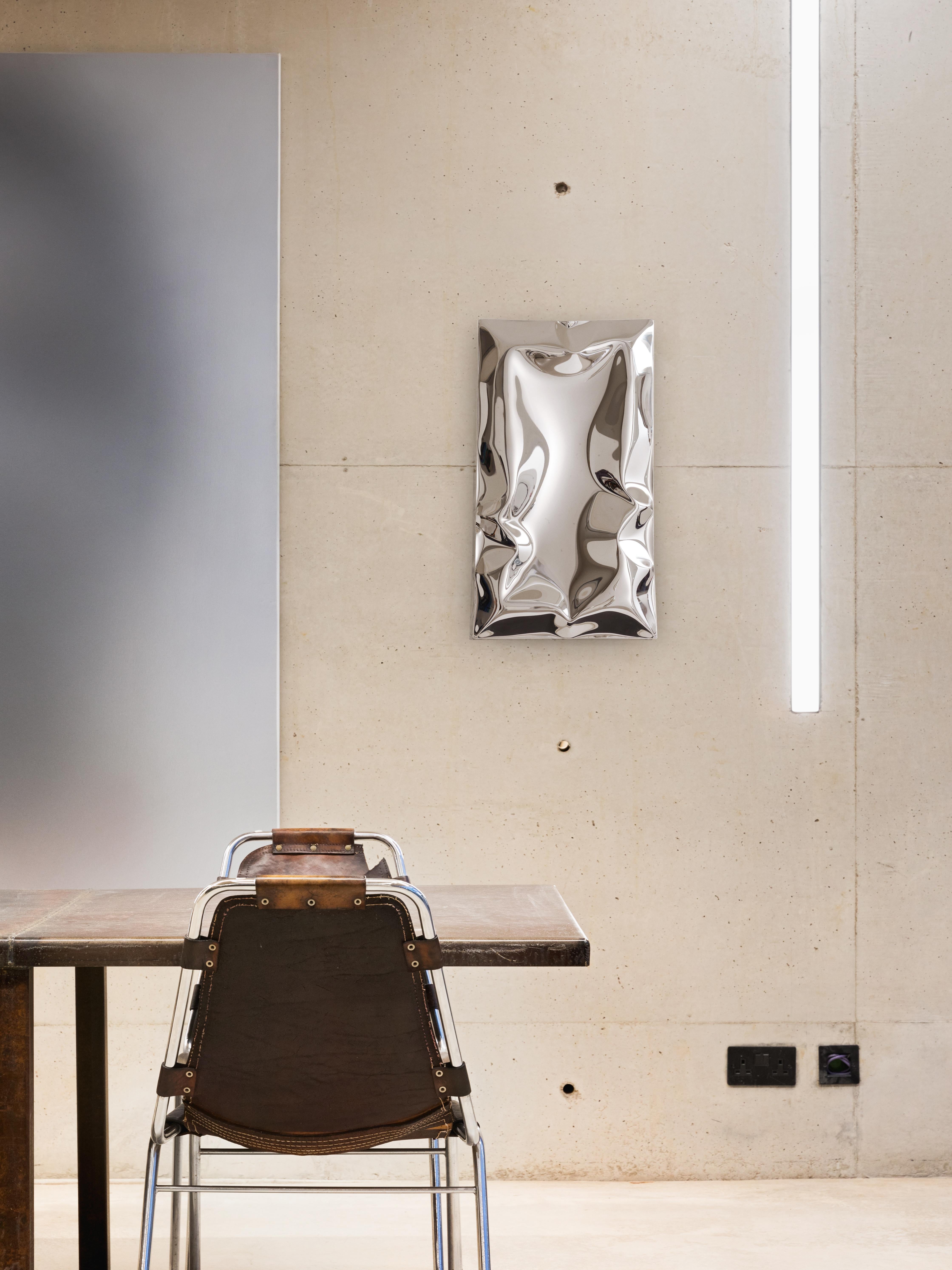 Modern 'Crush' inflated metal wall piece small, stainless steel For Sale