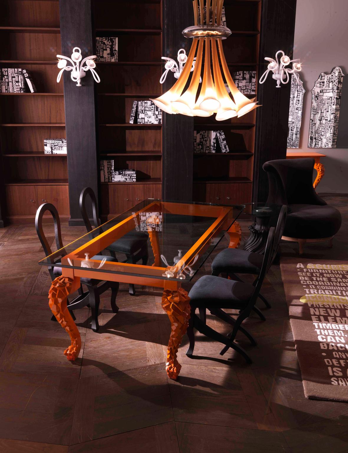 Modern CRUSTY Orange Dining Table with Carved Legs and Glass Top by Nigel Coates For Sale