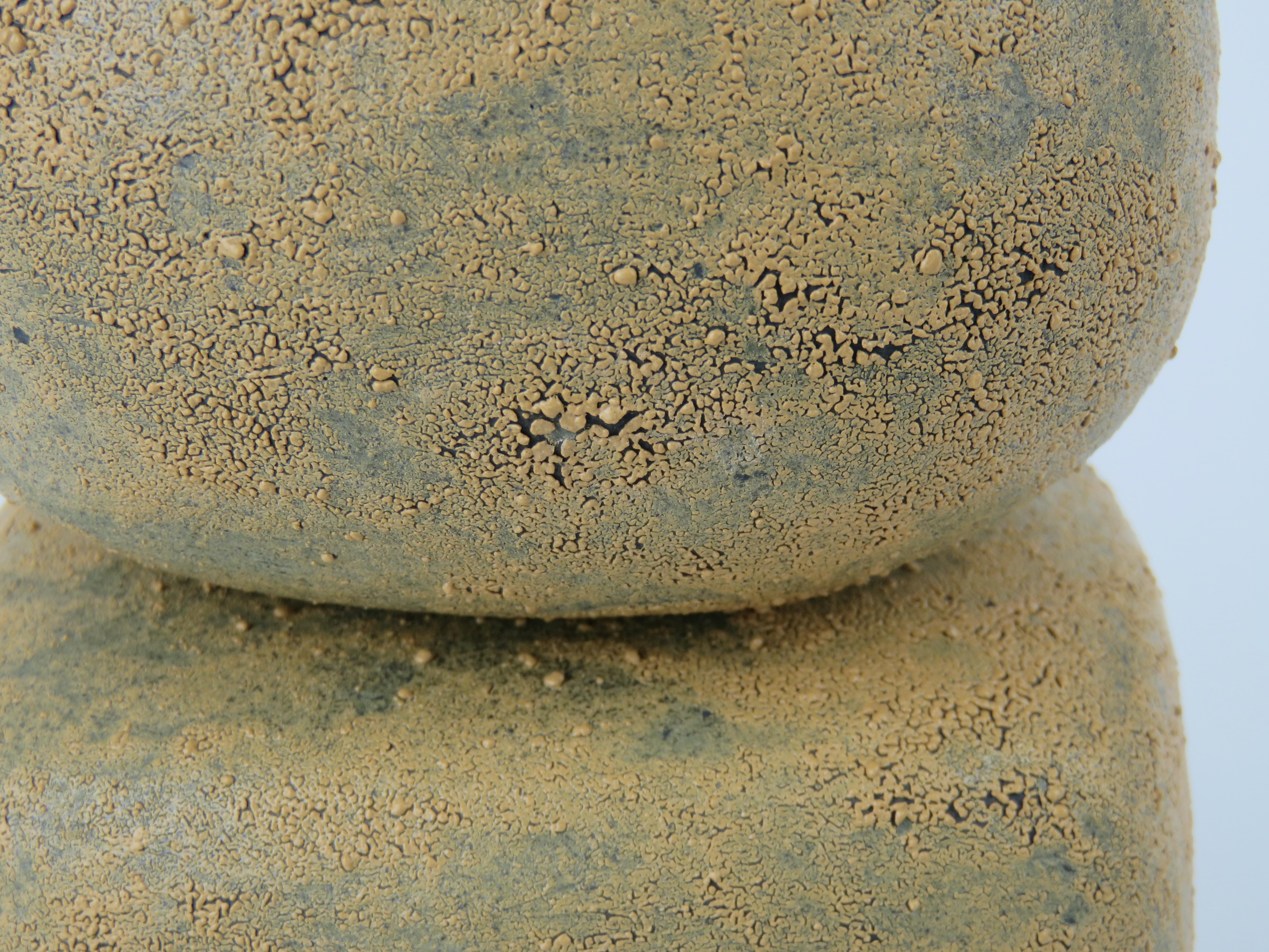 Contemporary Crusty Yellow-Gold Ceramic TOTEM with Crescent Top, Crawl Glaze, Hand Built For Sale