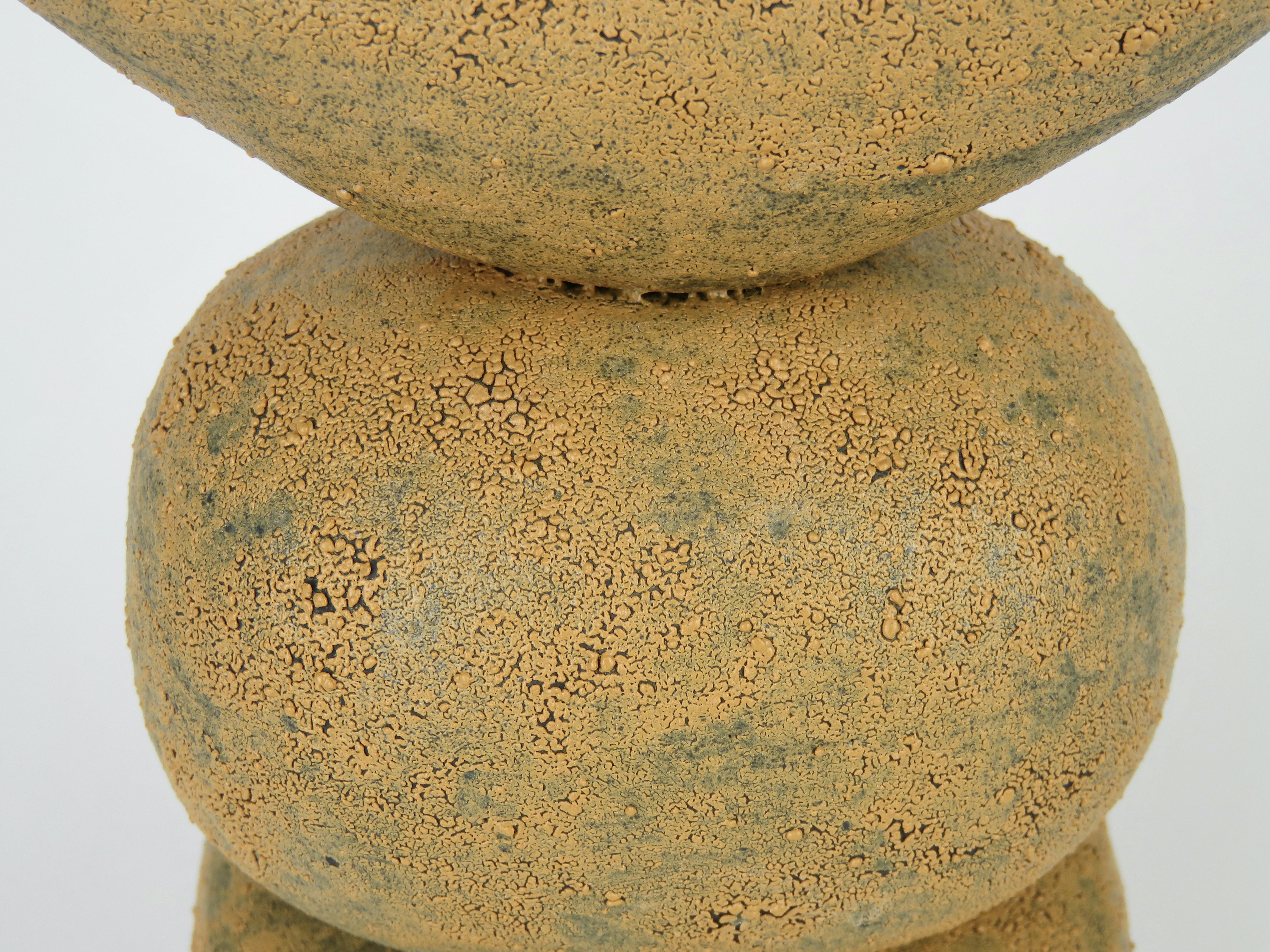 Crusty Yellow-Gold Ceramic TOTEM with Crescent Top, Crawl Glaze, Hand Built For Sale 1