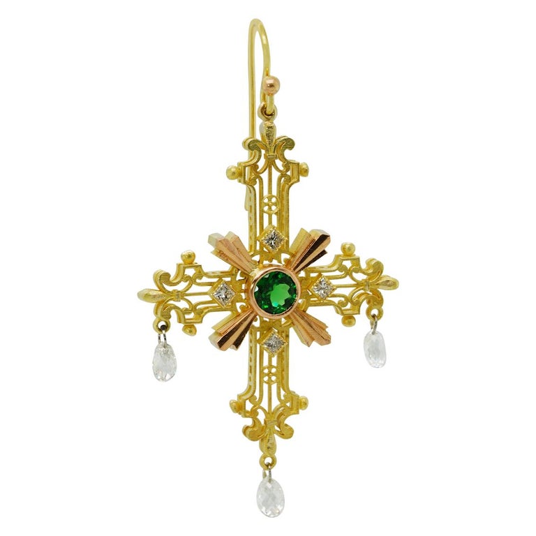 Crux Gemmata Earrings in 18 Karat Gold, Platinum, Tsavorite Garnets and Diamonds In New Condition For Sale In Melbourne, Vic