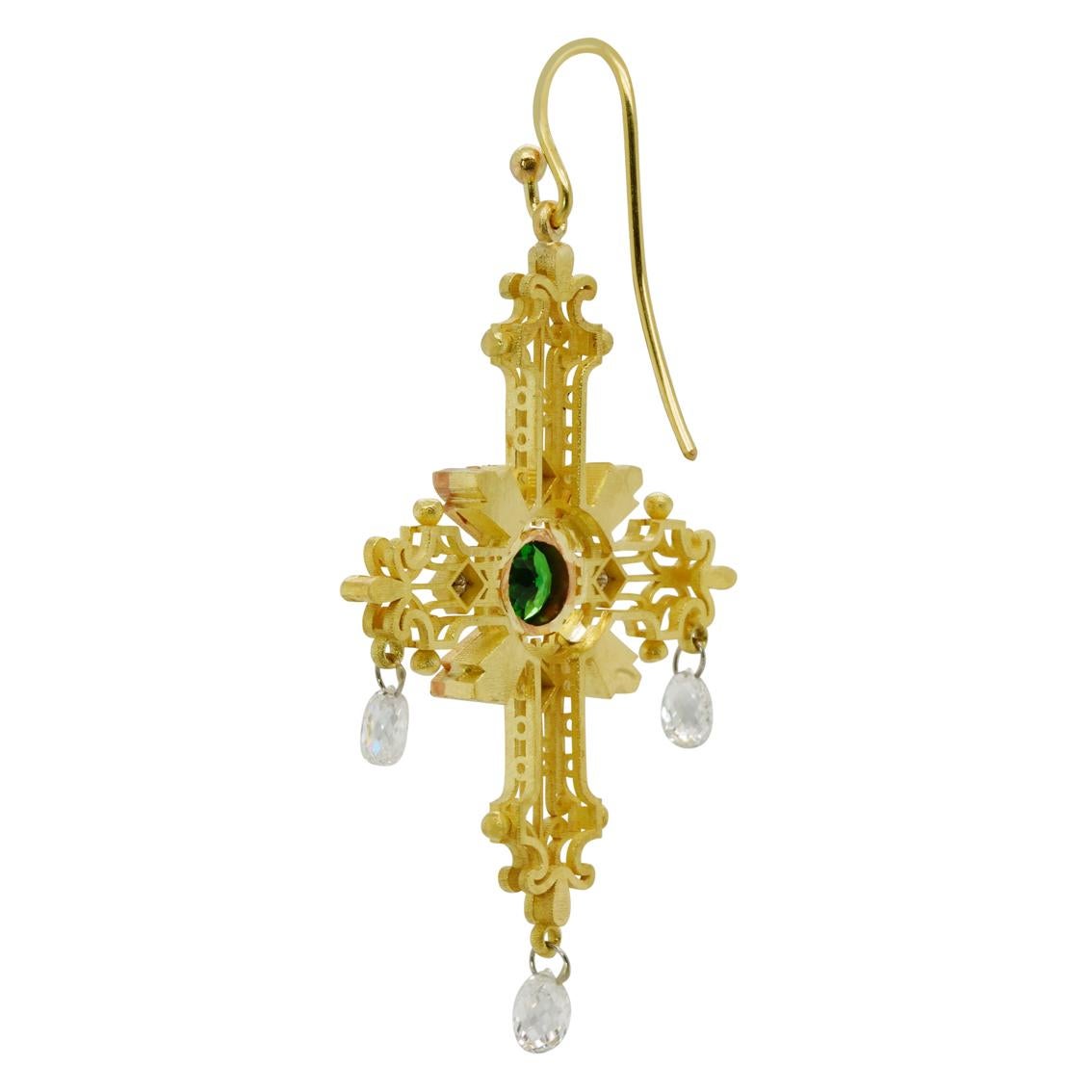 Tsavorite Garnet, Diamond, 18k Yellow & Rose Gold Platinum Cross Dangle Earrings For Sale 1