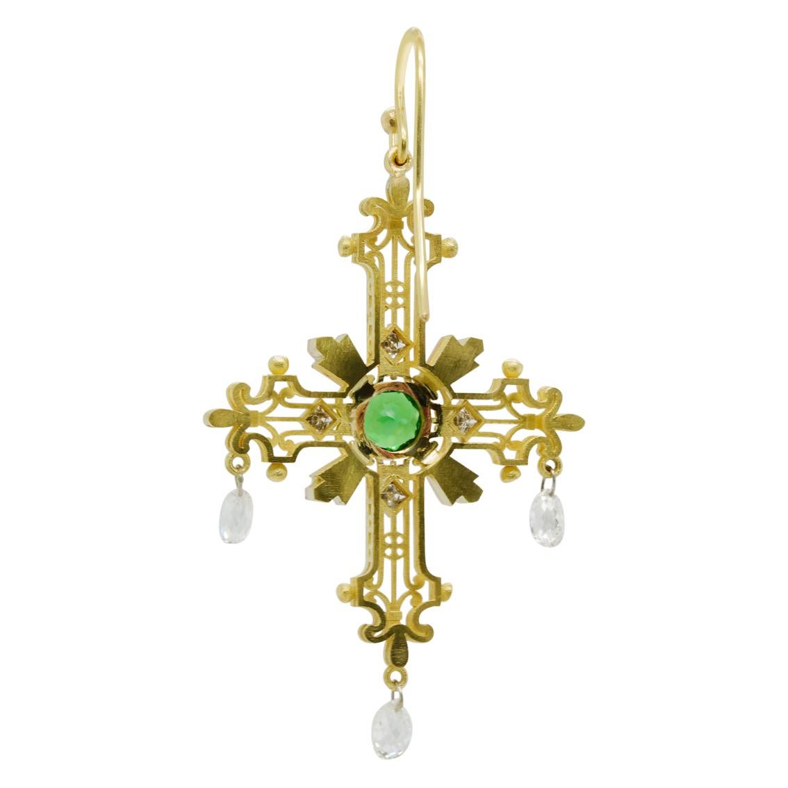 Tsavorite Garnet, Diamond, 18k Yellow & Rose Gold Platinum Cross Dangle Earrings For Sale 3