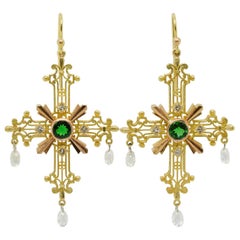 Tsavorit Granat, Diamant, 18k Gelb- und Roségold Platin Kreuz-Ohrringe