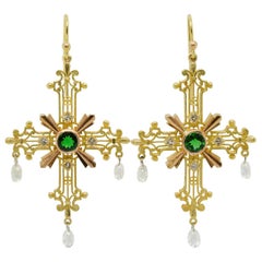 Tsavorite Garnet, Diamond, 18k Yellow & Rose Gold Platinum Cross Dangle Earrings