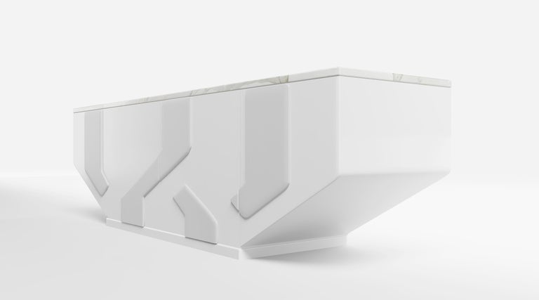 Italian CRUZ MEDIA CREDENZA - Modern Design in White Lacquer with Snow Leather insets For Sale