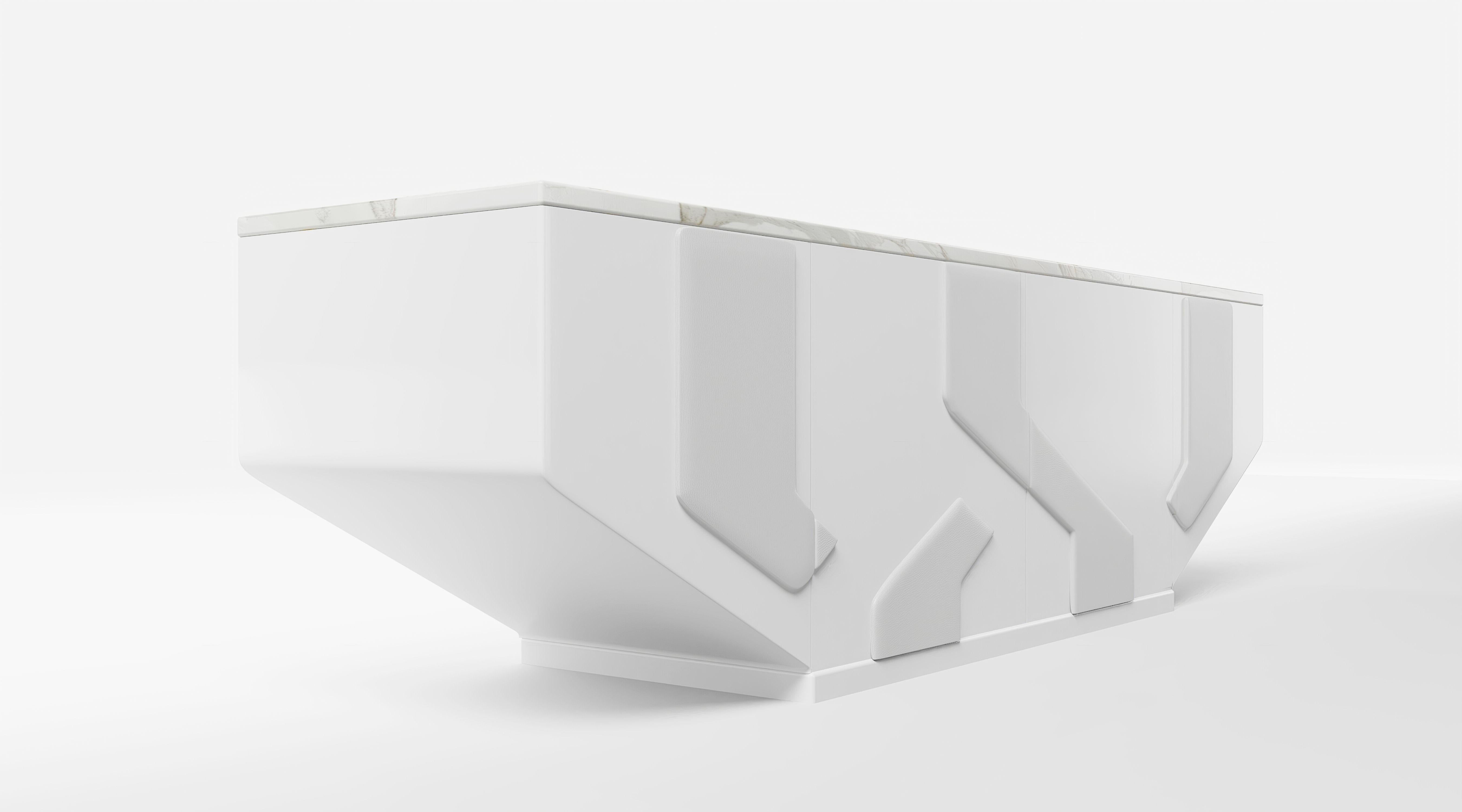 Italian CRUZ MEDIA CREDENZA - Modern Design in White Lacquer with Snow Leather insets