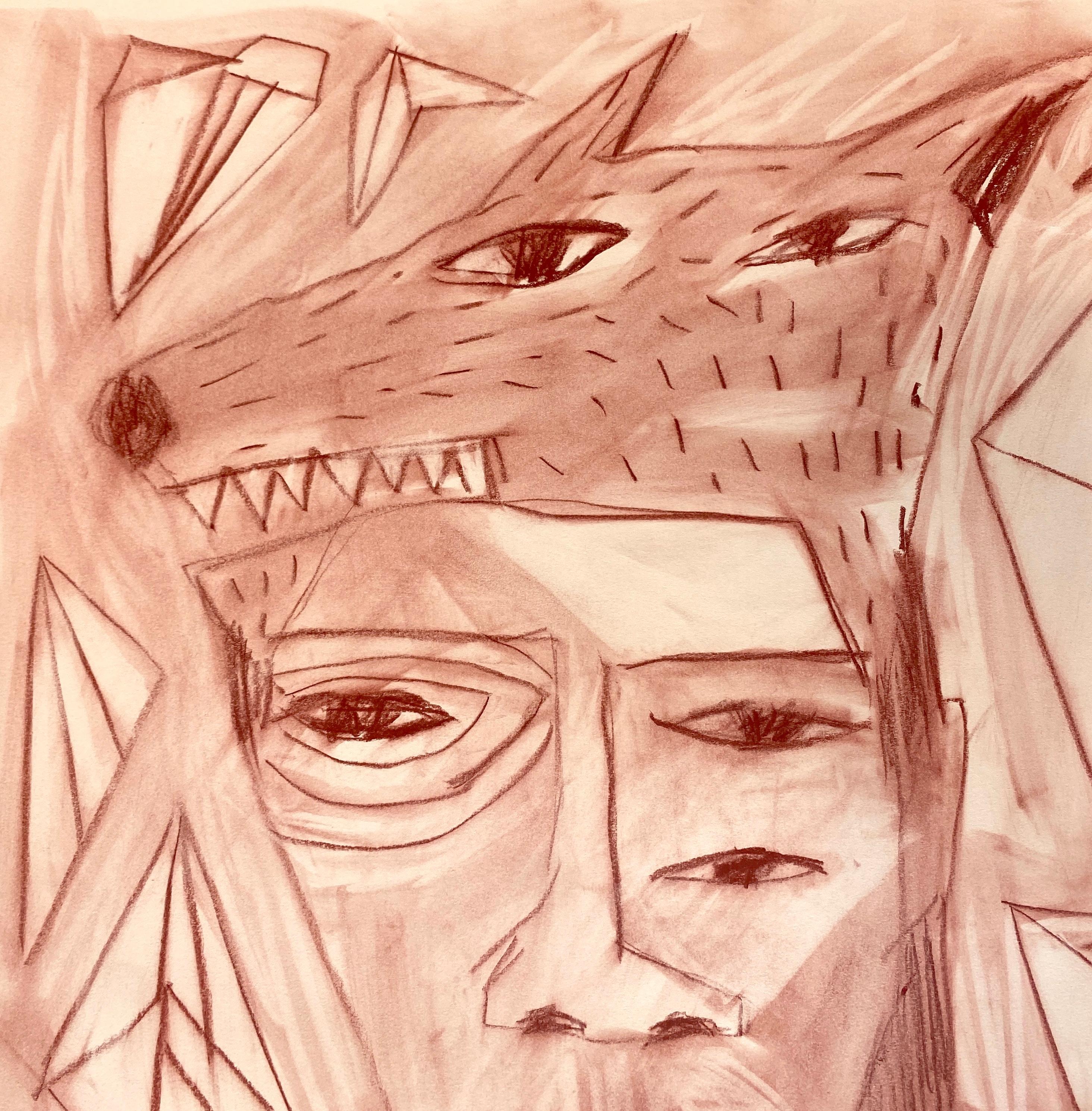 Coyote Boy con Diamonds, Contemporary Figurative Painting, Conte on Paper For Sale 2
