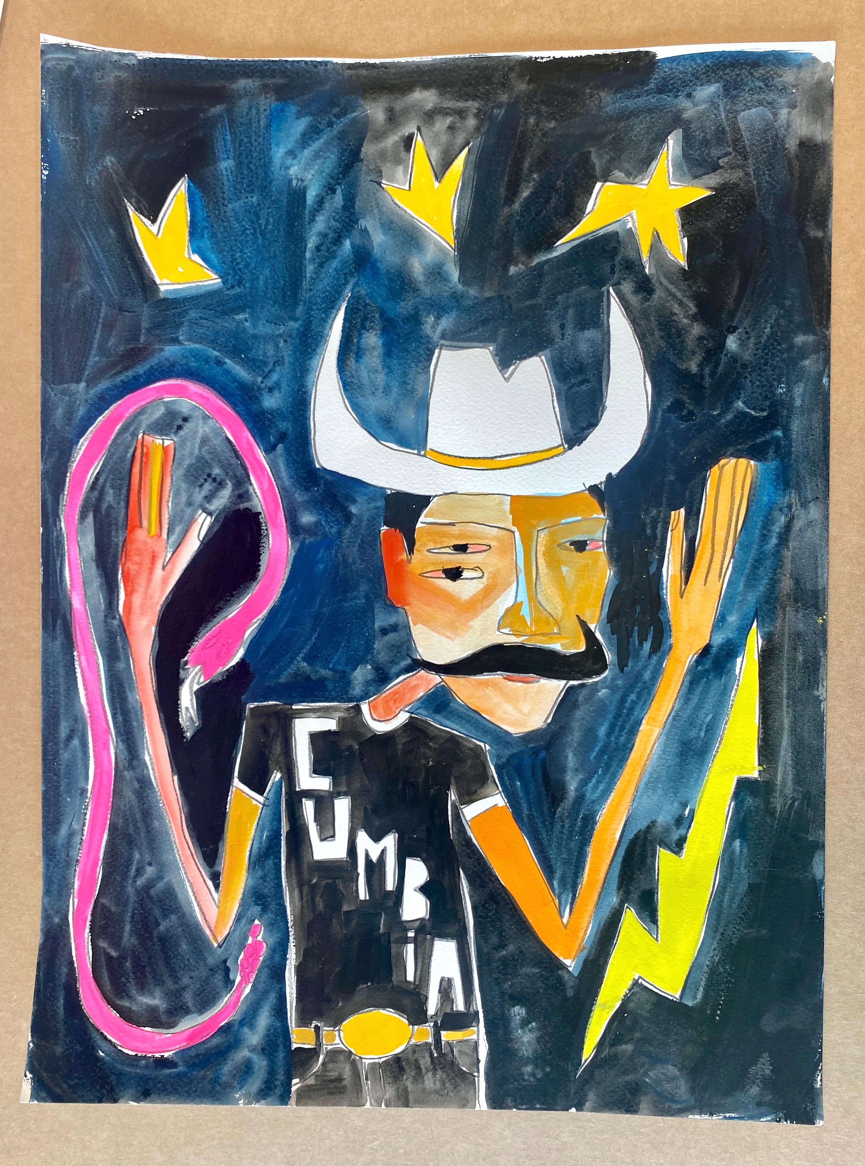Cumbia King con Pink Snake, Pittura figurativa contemporanea, Gouache su carta - Painting di Cruz Ortiz