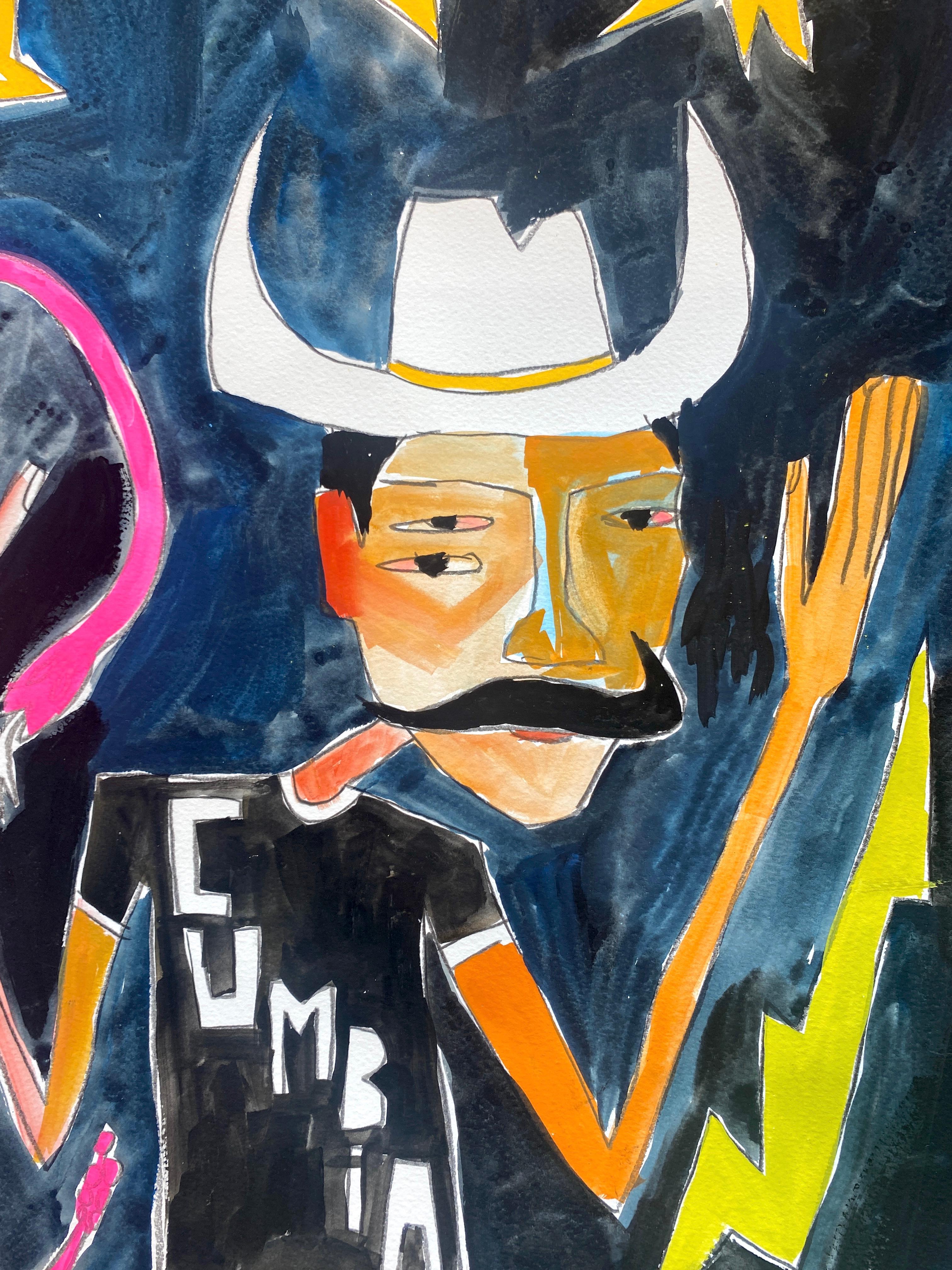 Cumbia King con Pink Snake, Pittura figurativa contemporanea, Gouache su carta in vendita 1