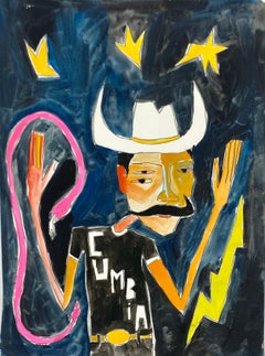Cumbia King con Pink Snake, Contemporary Figurative Painting, Gouache on Paper