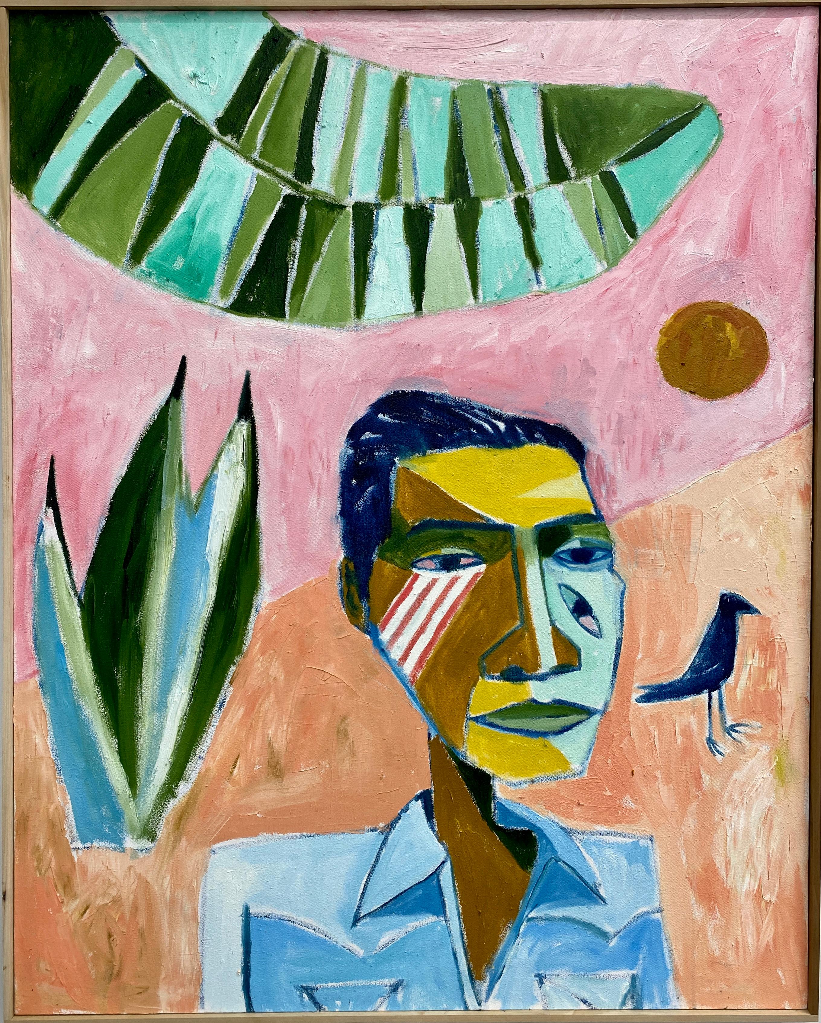 Cruz Ortiz Figurative Painting - Self Portrait with Black Bird, Contemporary Portrait Painting, Oil on Canvas