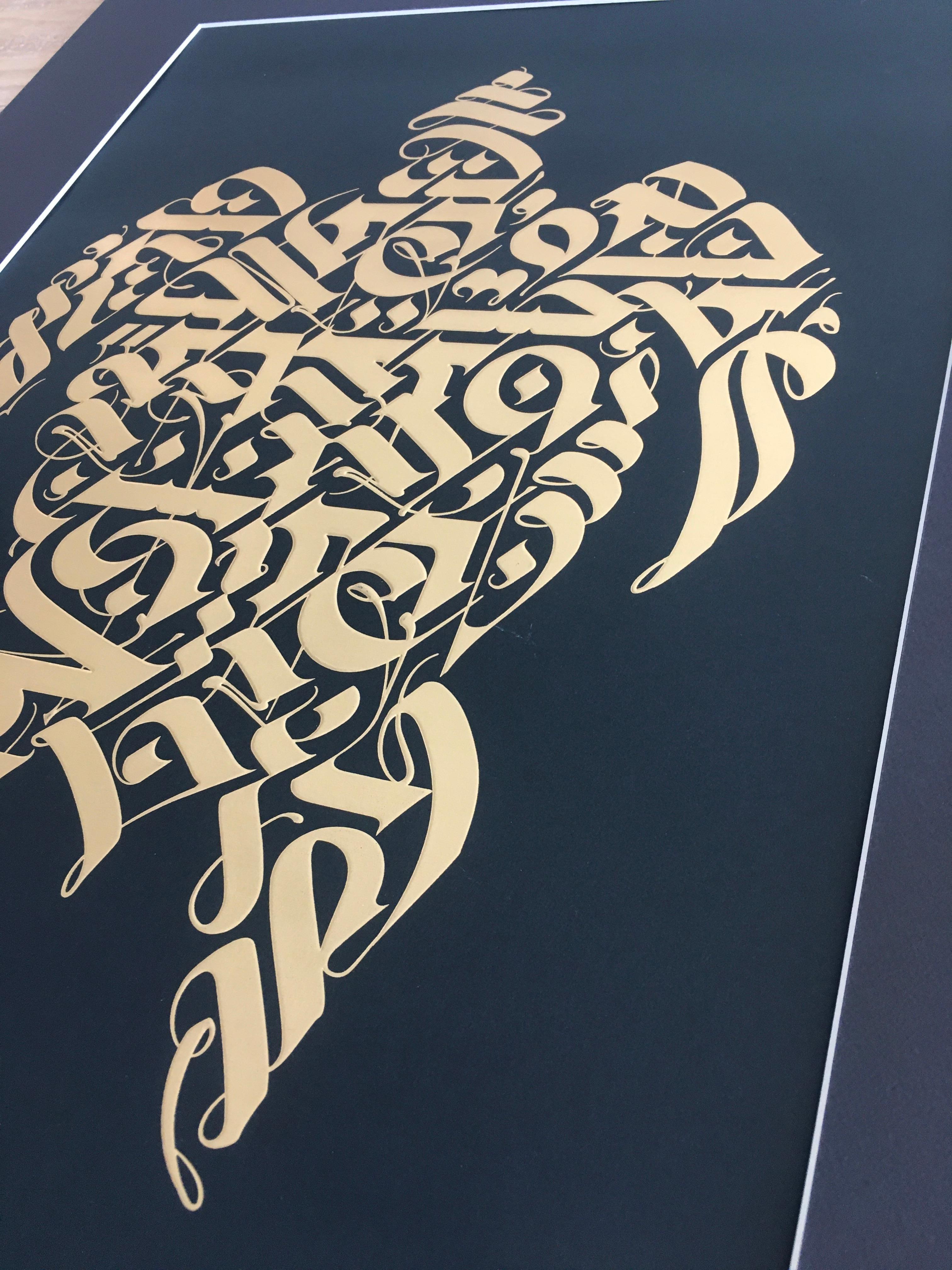 „Ahimsa Black“ by Cryptik 
Embossed Gold Foil Stamping on Black Cover Paper
Size 48.3 × 35.6 cm
Signed and numbered (6/60), in pencil along lower edge

Cryptik is a Los Angeles based artist who creates from a palette of wonder, where all science,