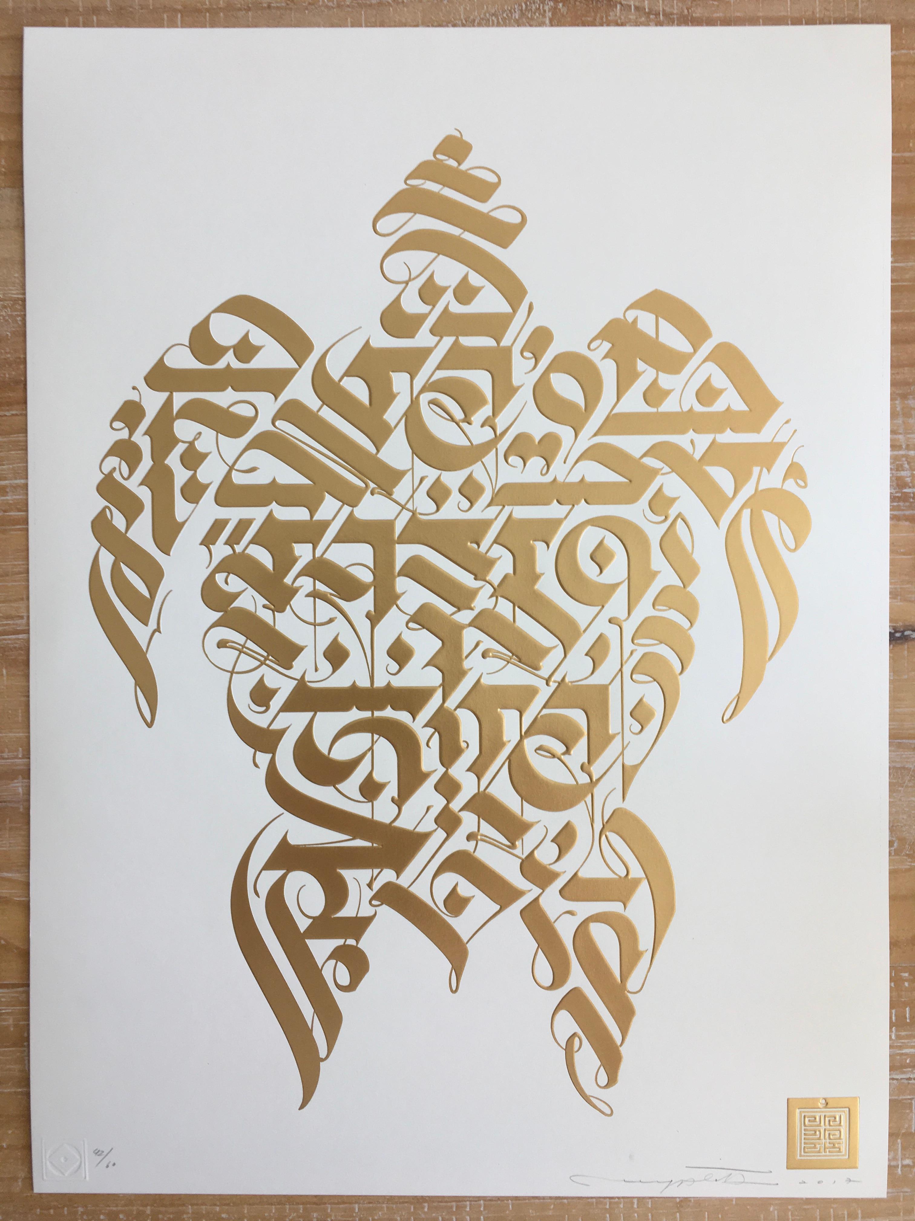 Geprägte Goldfolien-Stempel „Ahimsa White“ in limitierter Auflage – Print von Cryptik