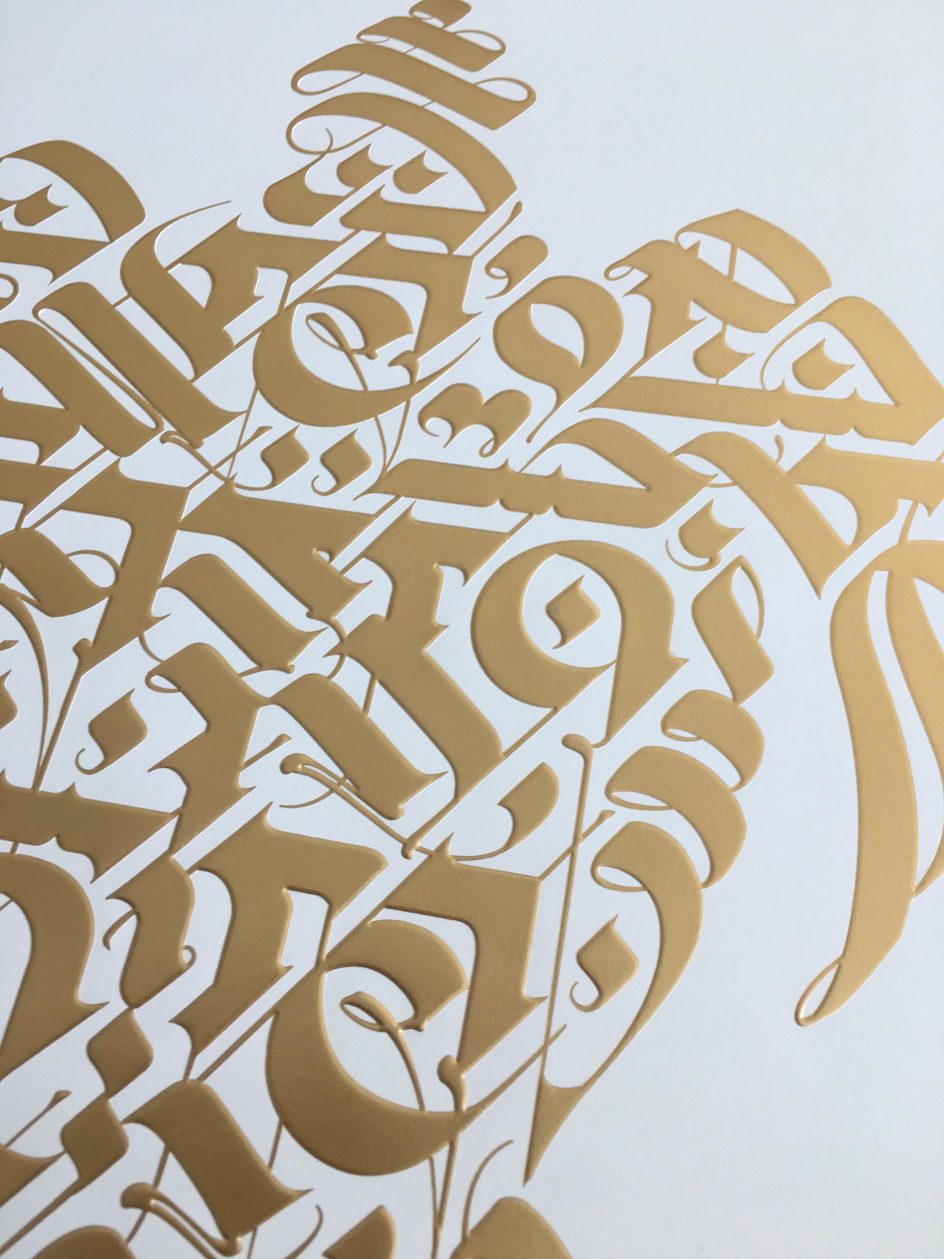 Geprägte Goldfolien-Stempel „Ahimsa White“ in limitierter Auflage (Streetart), Print, von Cryptik