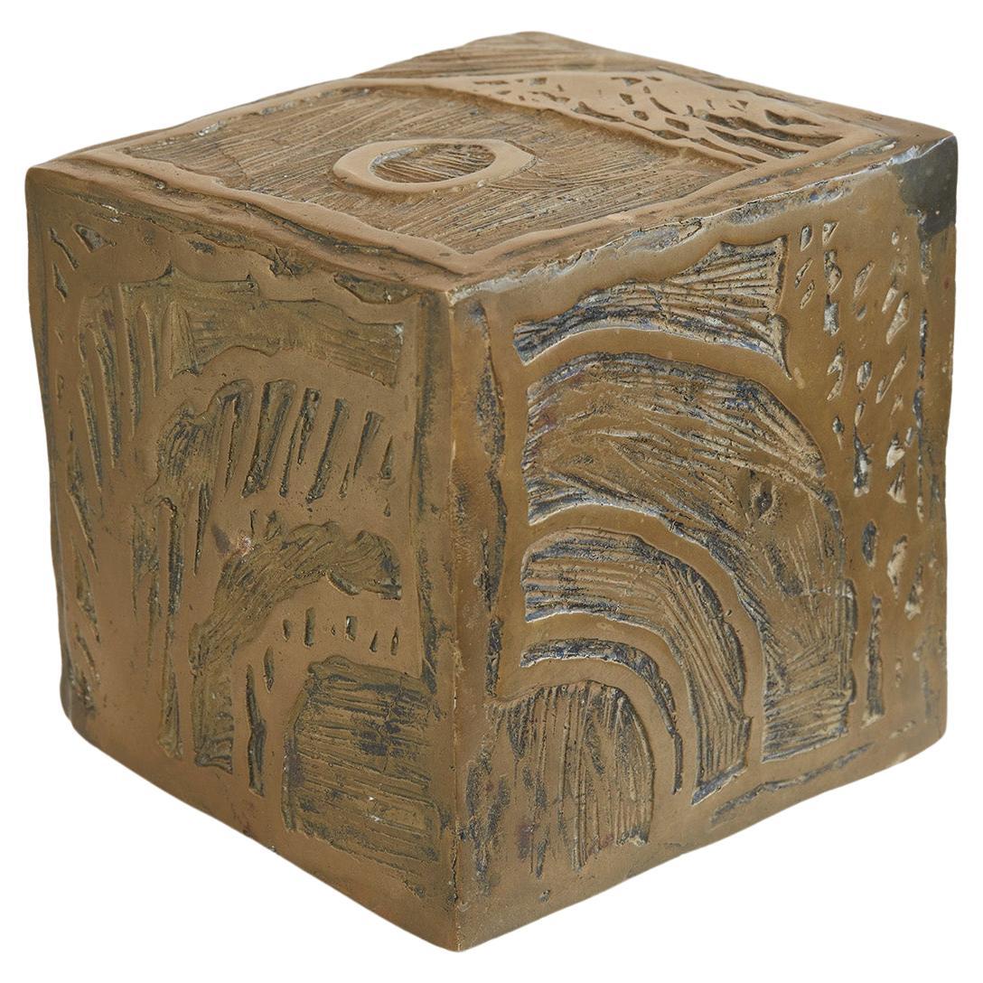 "Cryptocube" engraved bronze sculpture by Pierre Alechinsky, Belgium 1973 For Sale