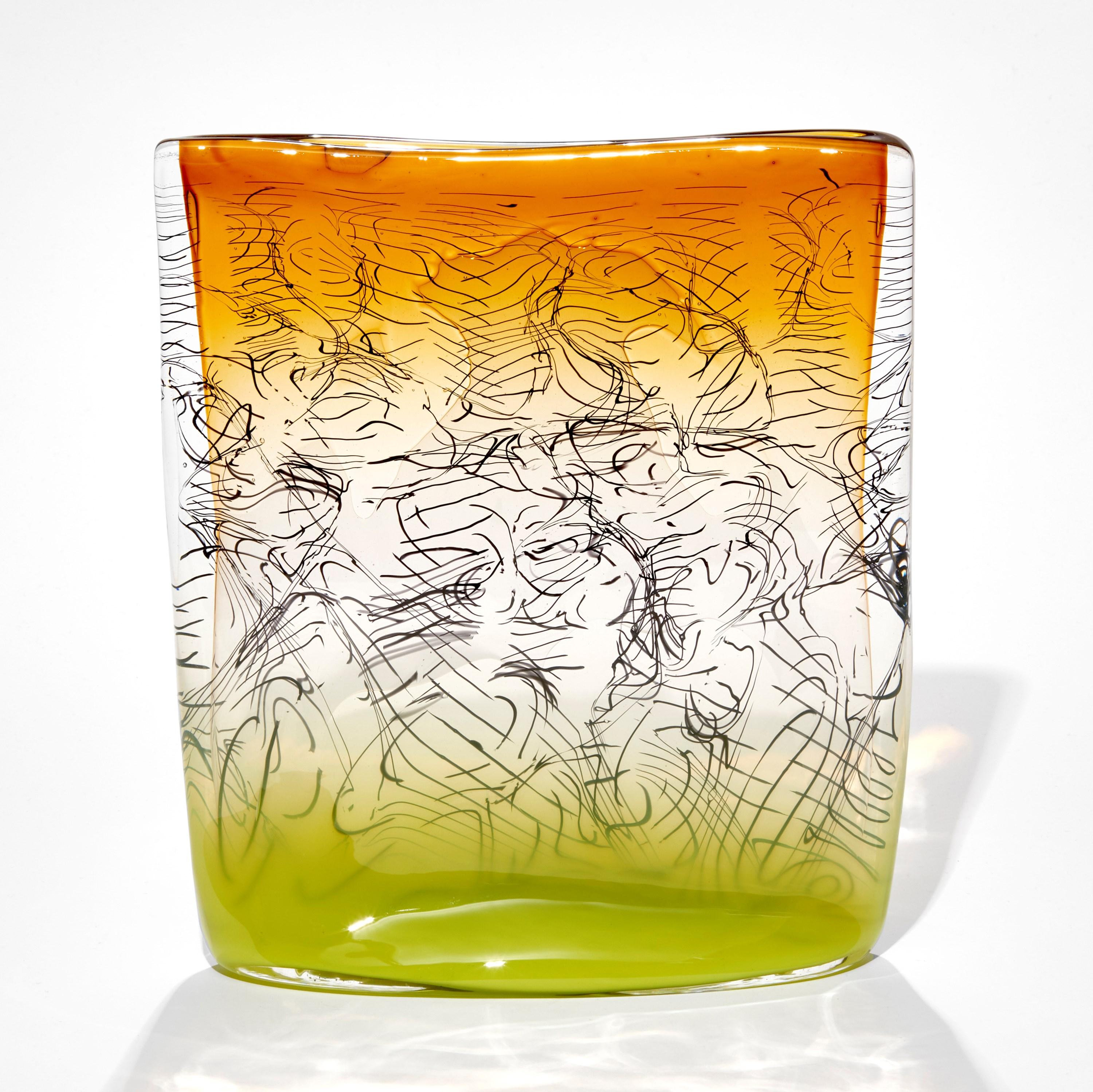 'Cryptograph 210631' (in Amber & Chartreuse) is a unique glass sculpture that has been created using a variety of glass techniques, by the British artist, Louis Thompson.

The encased lines of 'script' are first created by carving a pre-made glass