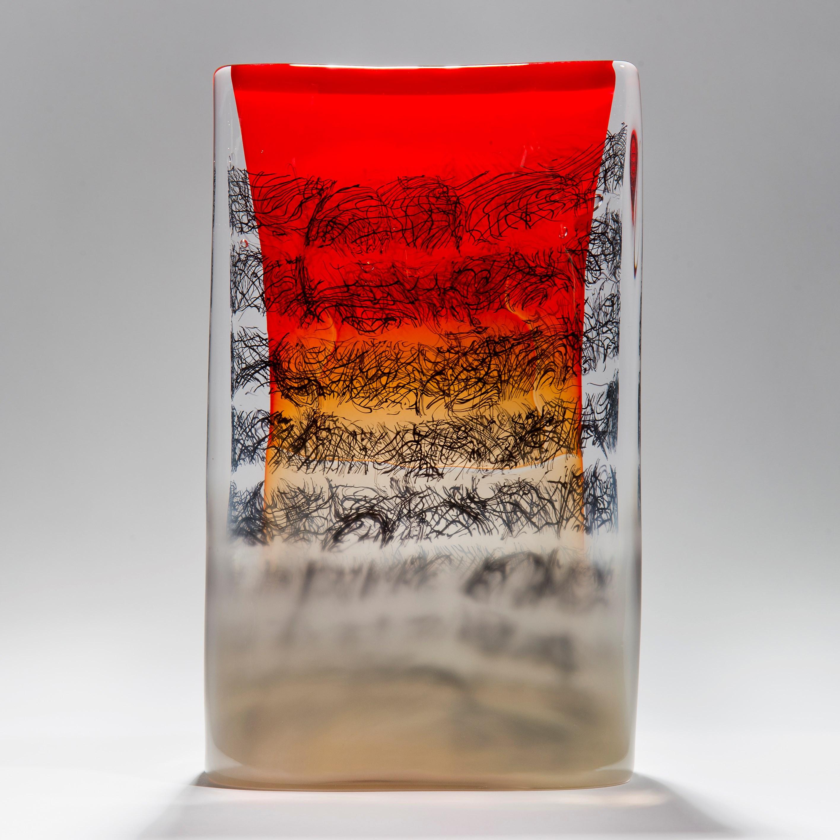 Cryptograph 241311 (in Vanilla and Red) is a unique solid glass sculpture created by the British artist, Louis Thompson. Employing a variety of glass techniques, the encased lines of 'script' are first created by carving a pre-made glass cup that