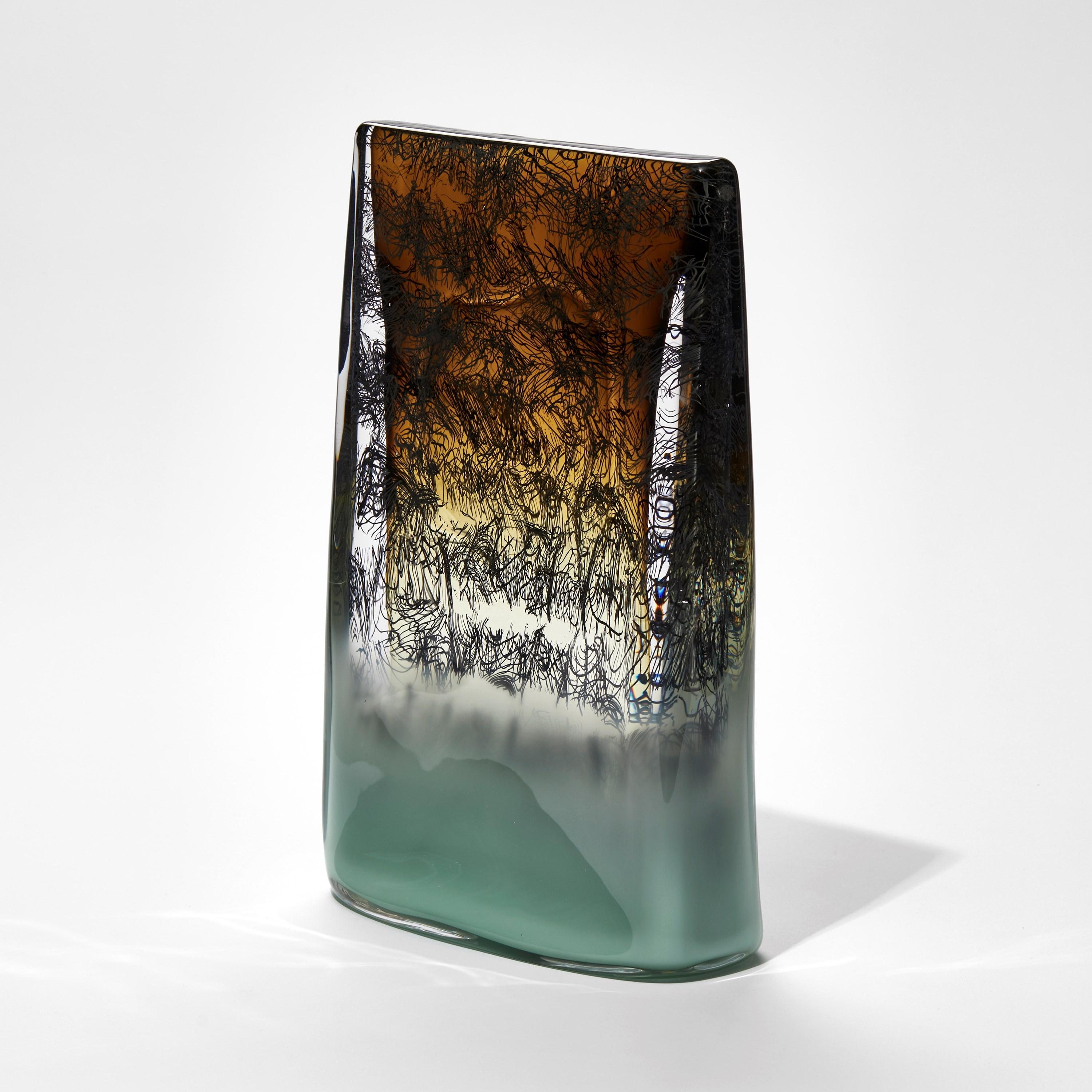 Organic Modern Cryptograph 7302531, Tabacco Brown & Jade Glass Sculpture by Louis Thompson