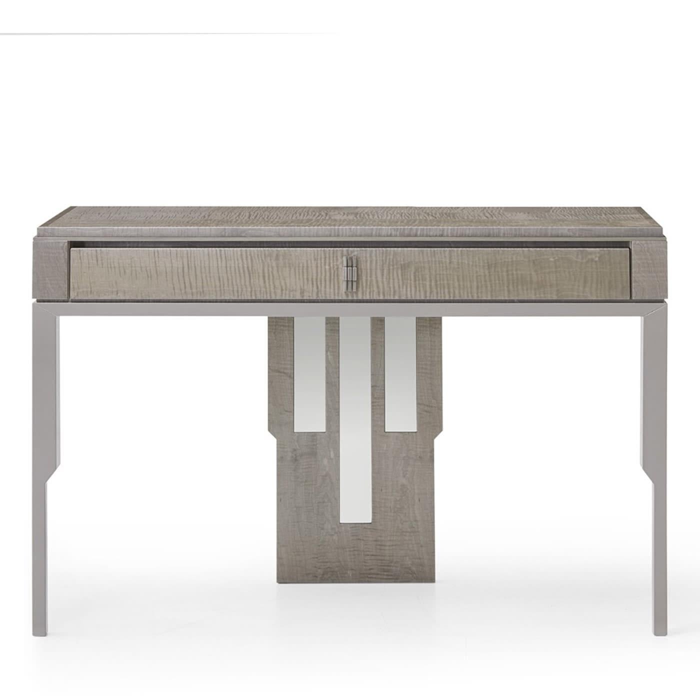 Fashioned of prized fiddleback sycamore enhanced by a glossy transparent finish, this console is sure to capture the eye with its rigorously sculpted silhouette rich in geometric influences. Nickel-finished metal profiles combine with mirrored-glass