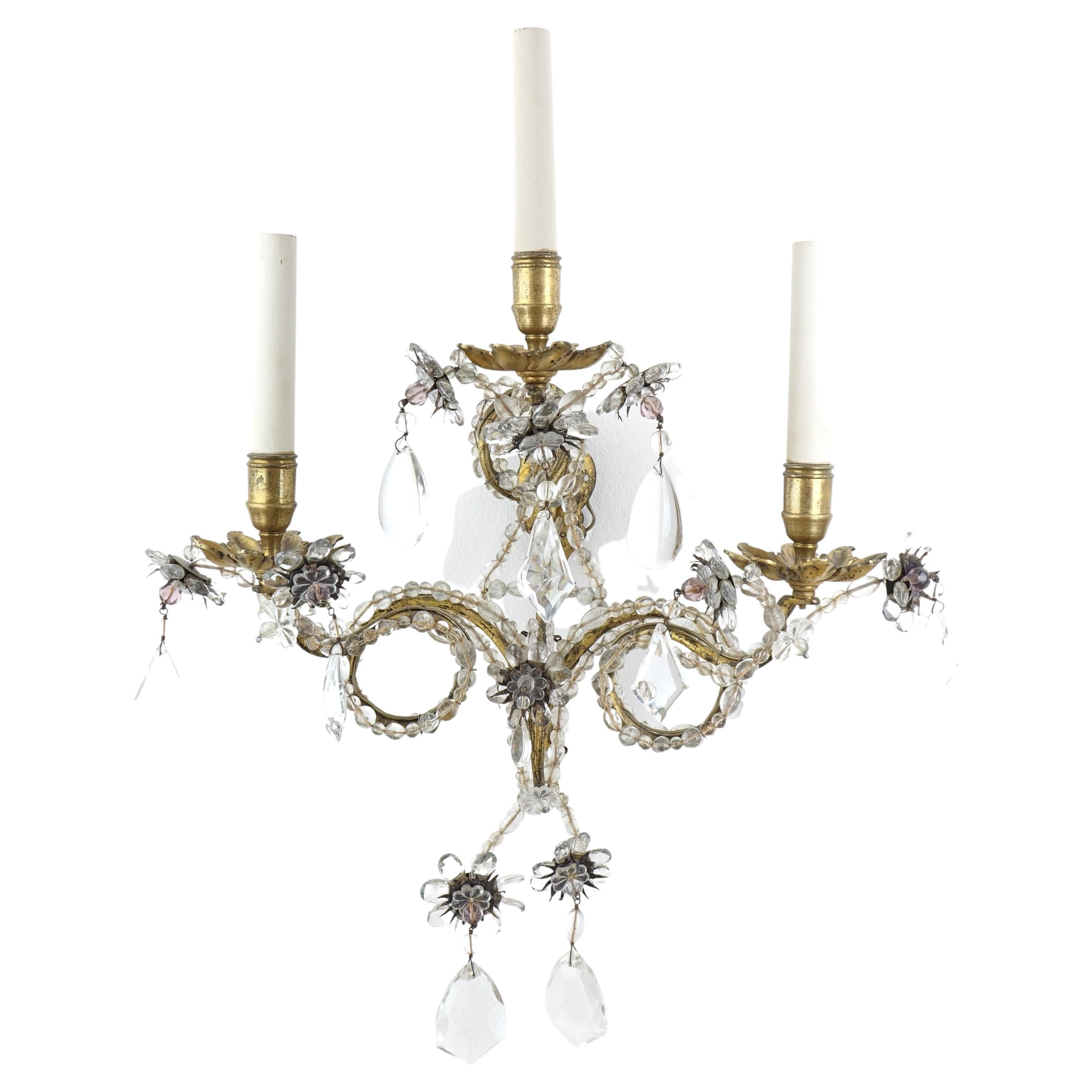 Crystal 3-Light Wall Lamp on a Golden Frame, Genoa 18th Century For Sale