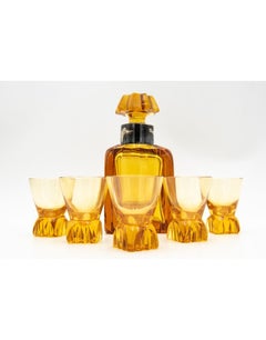 Crystal amber carafe and 5 glasses, WMF Germany, Art Deco.