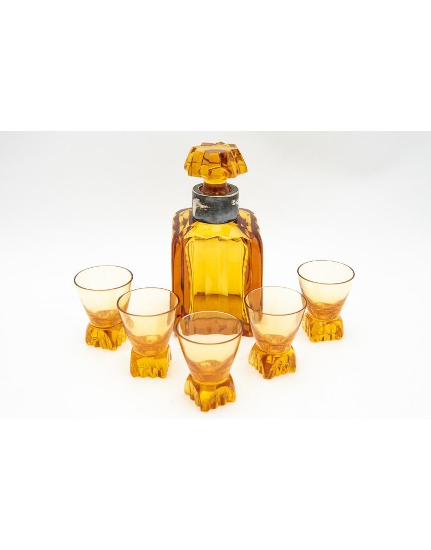 Crystal amber carafe and 5 glasses, WMF Germany, Art Deco. In Good Condition For Sale In Chorzów, PL