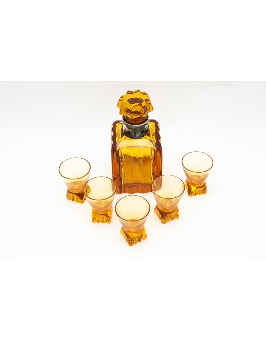 Mid-20th Century Crystal amber carafe and 5 glasses, WMF Germany, Art Deco. For Sale