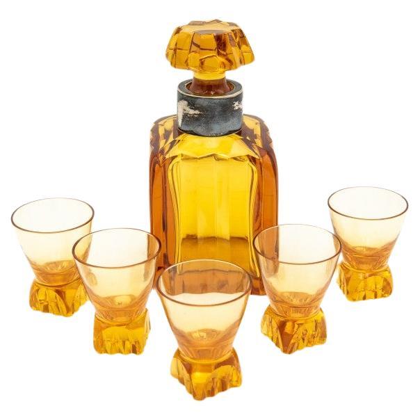 Crystal amber carafe and 5 glasses, WMF Germany, Art Deco.