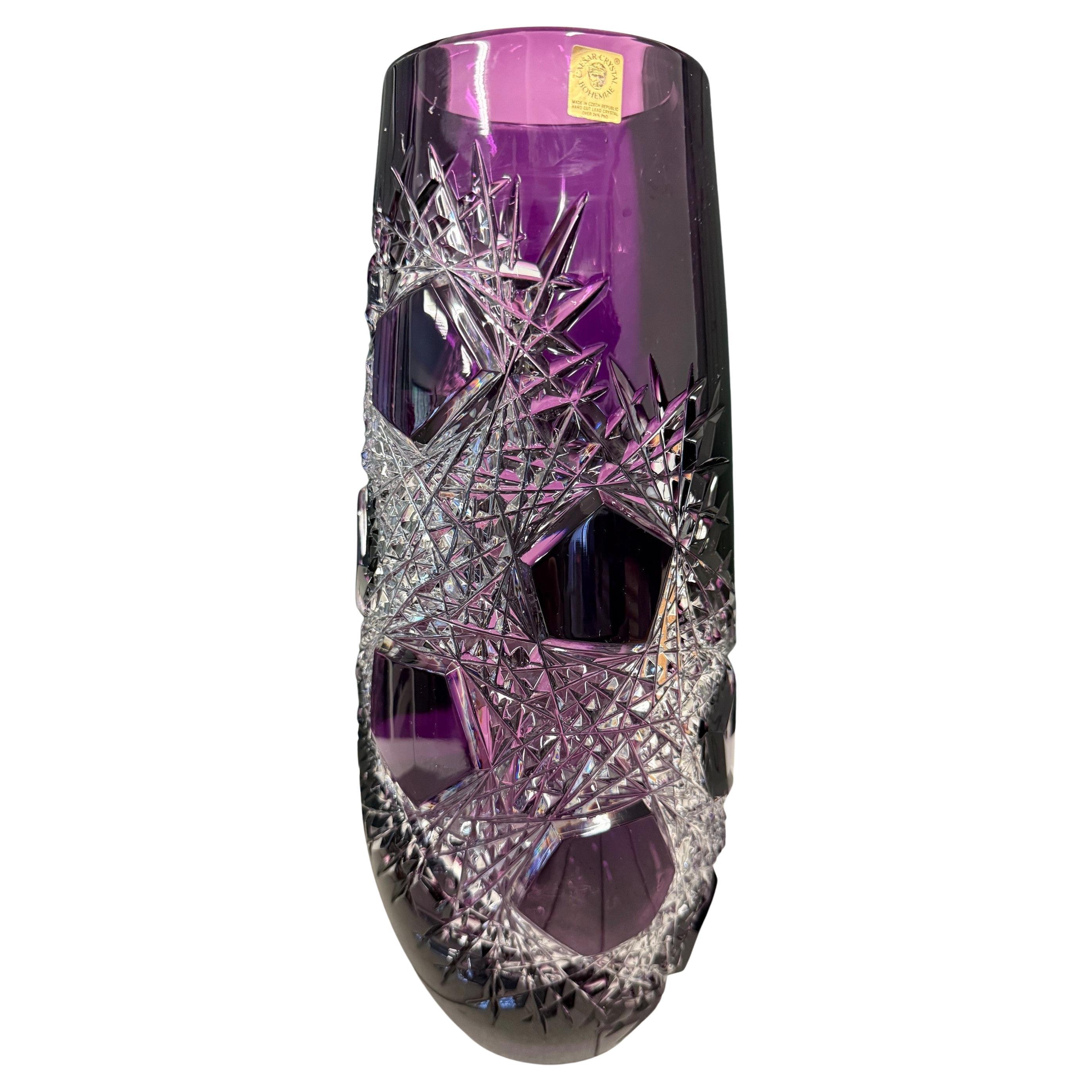 Crystal Amethyst Vase Hand Cut by Caesar Crystal Bohemiae Co. Czech Republic