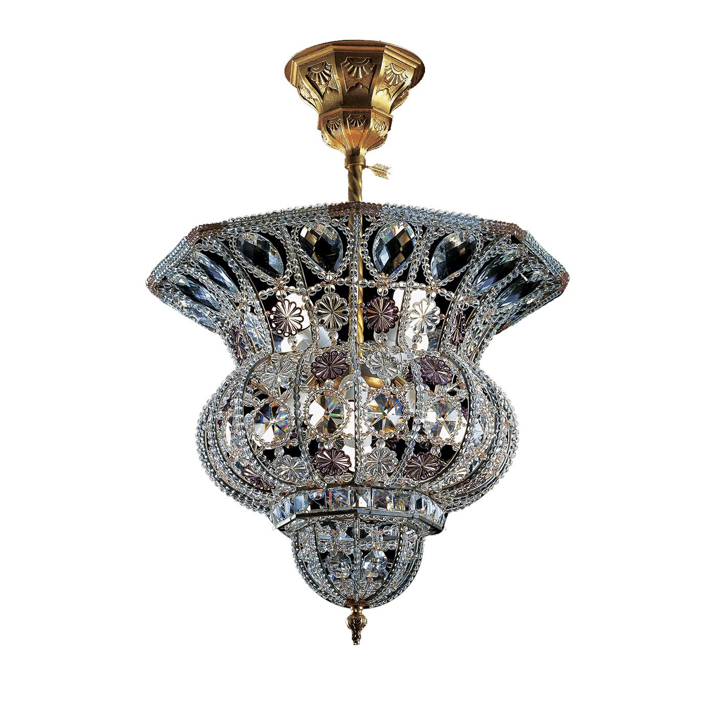 This striking ceiling lamp will add a whimsical, luxurious accent to any home, particularly if classically furnished. Its structure is handcrafted of forged iron and features a combination of straight and curved elements for a complex silhouette