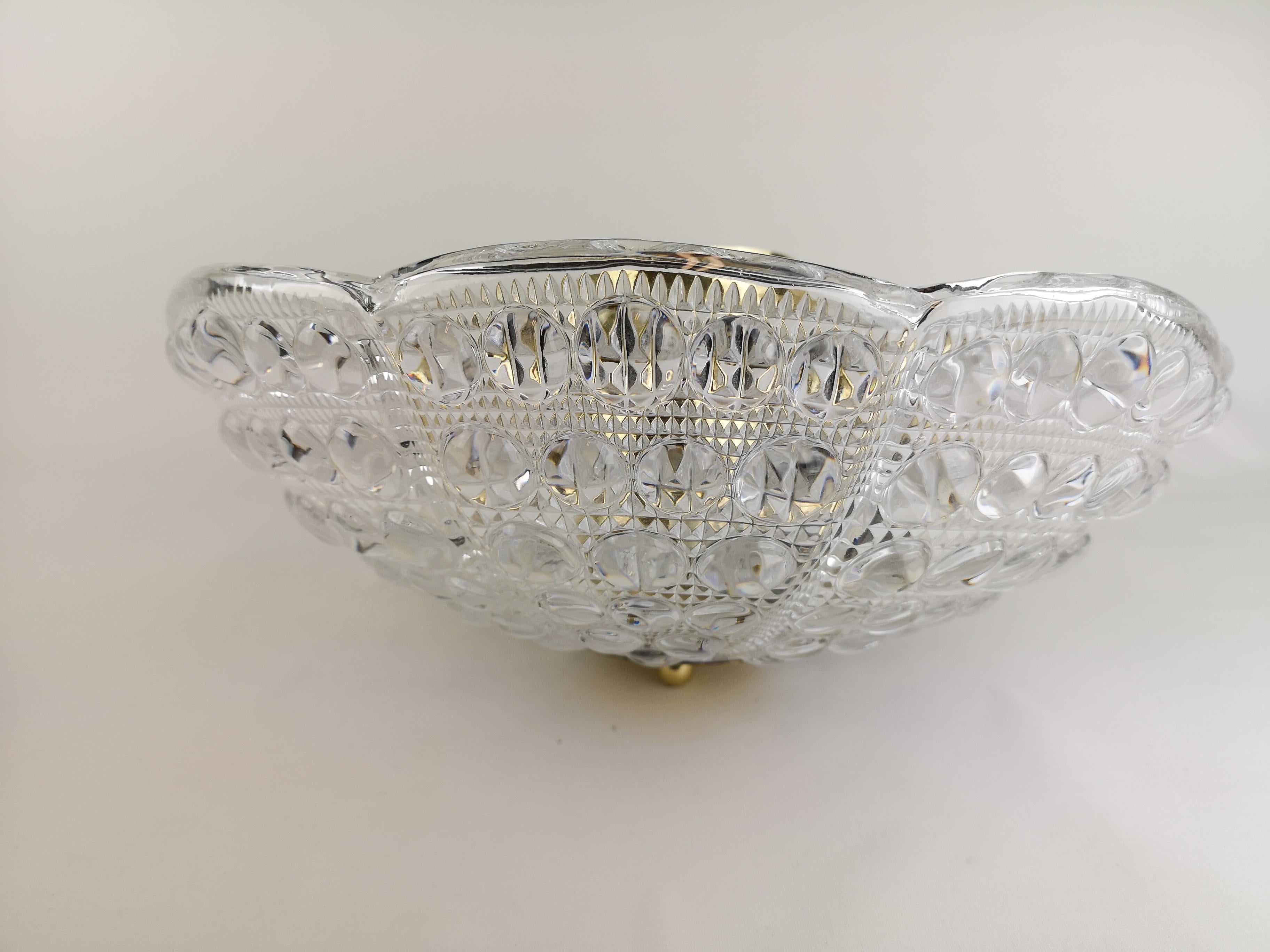 Mid-20th Century Crystal and Brass Ceiling Light by Carl Fagerlund for Orrefors, 1960s For Sale