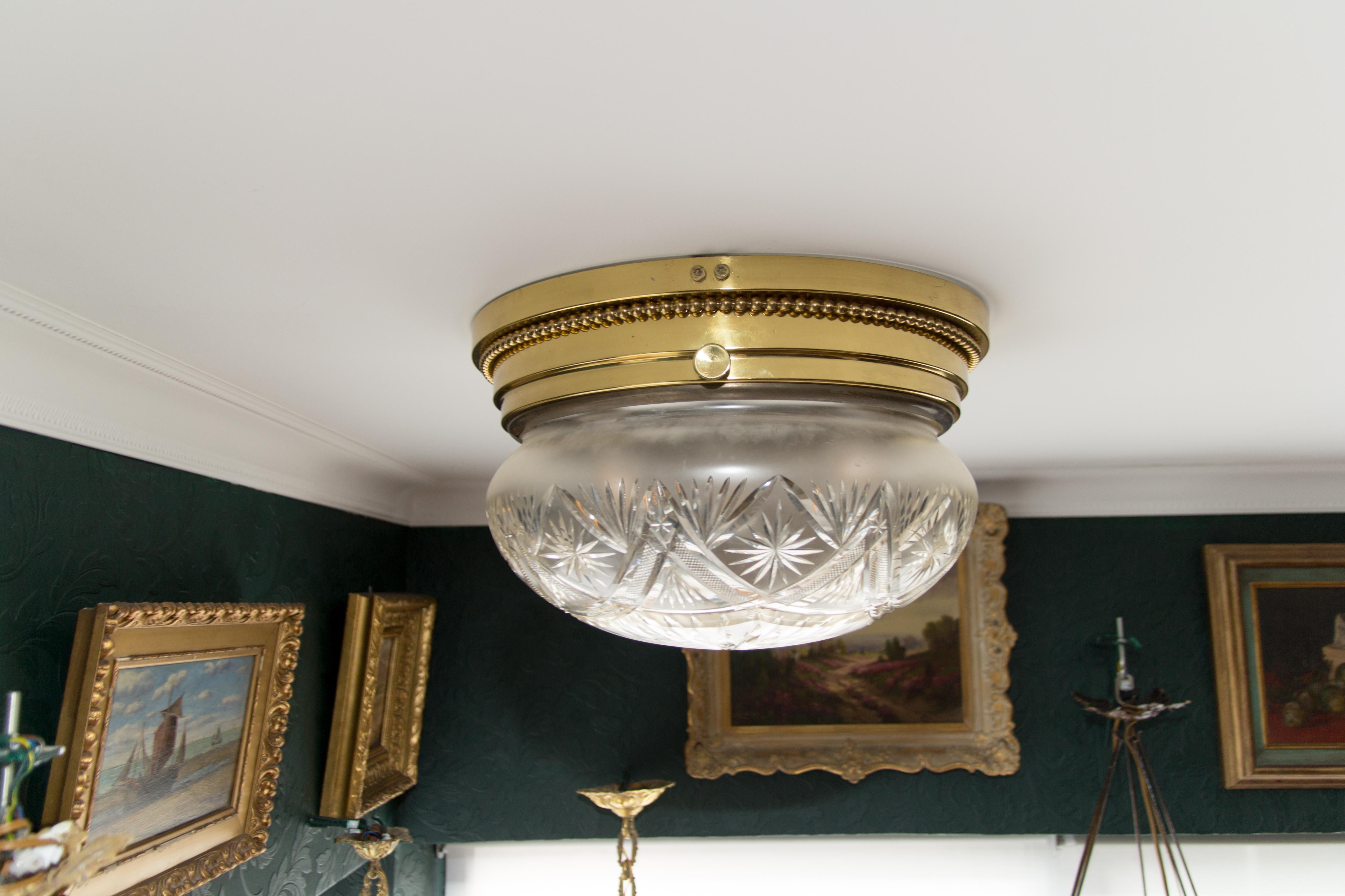 Large Art Deco Crystal Glass and Brass Flush Mount / Ceiling Three-Light Fixture 8