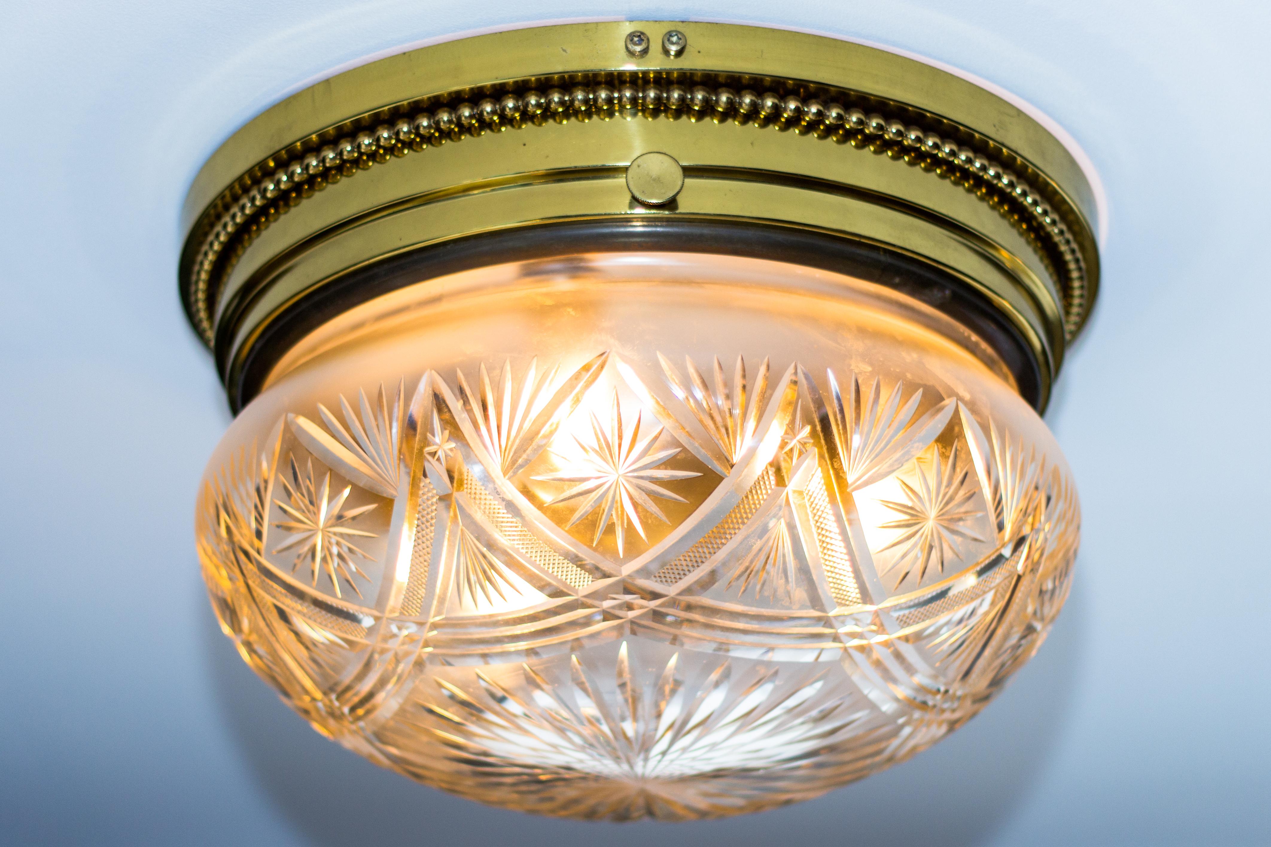 Large Art Deco Crystal Glass and Brass Flush Mount / Ceiling Three-Light Fixture 9