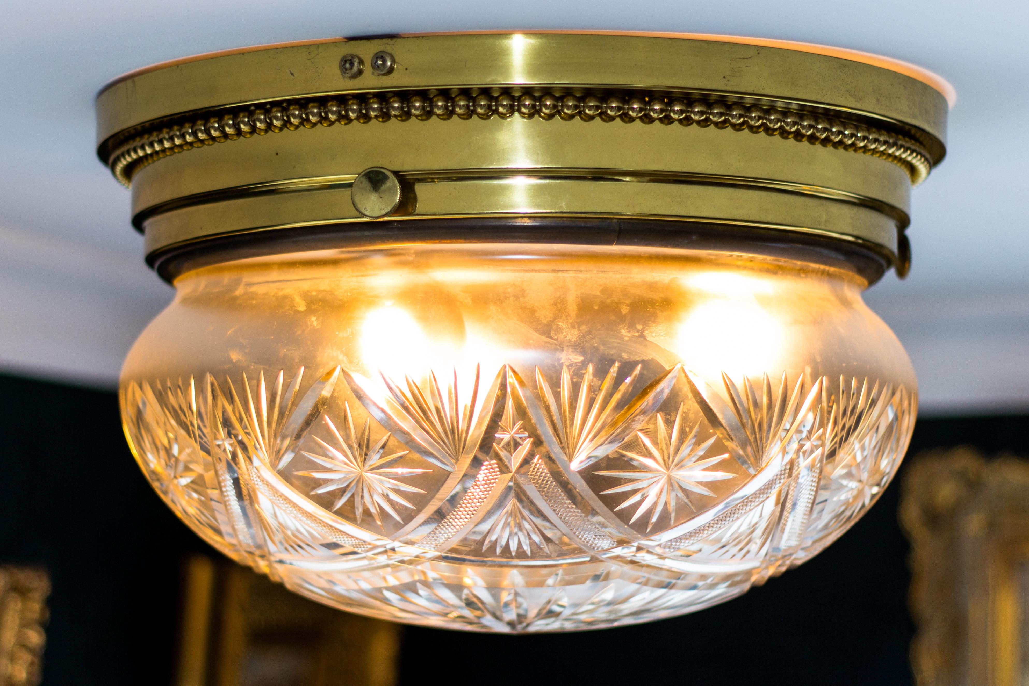 Belgian Large Art Deco Crystal Glass and Brass Flush Mount / Ceiling Three-Light Fixture