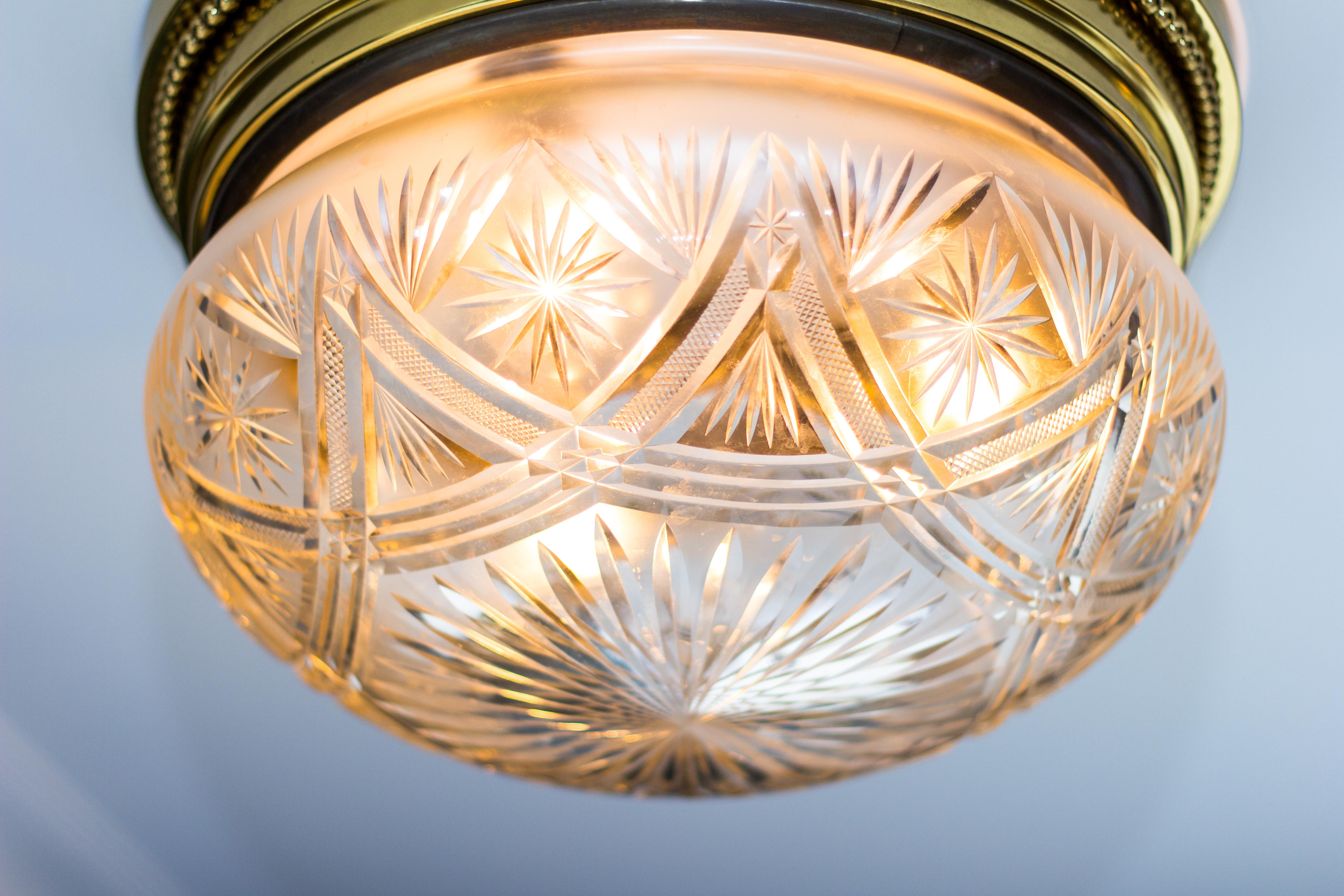 Faceted Large Art Deco Crystal Glass and Brass Flush Mount / Ceiling Three-Light Fixture