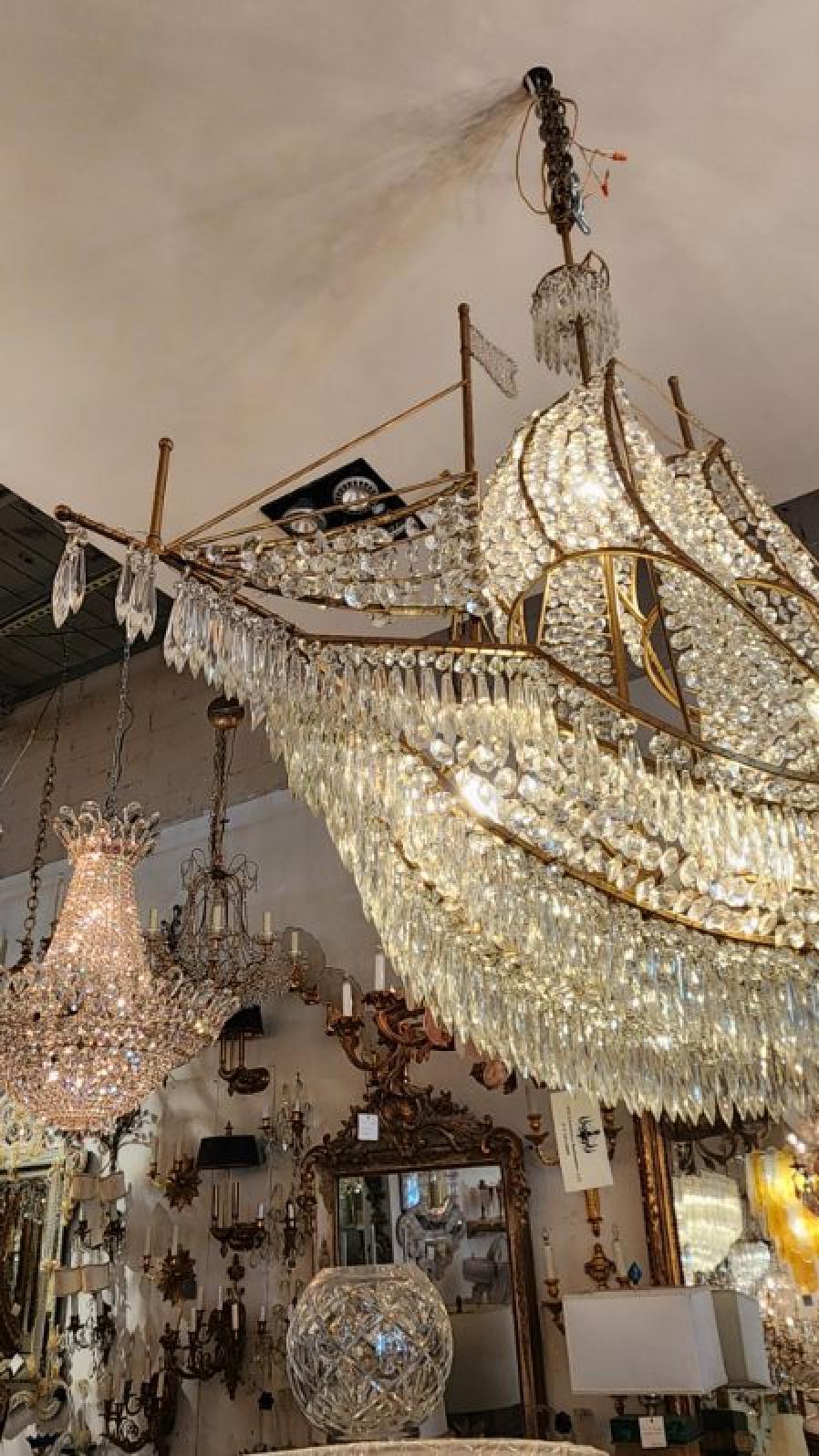 Empire Crystal and Brass Galleon Ship Chandelier For Sale