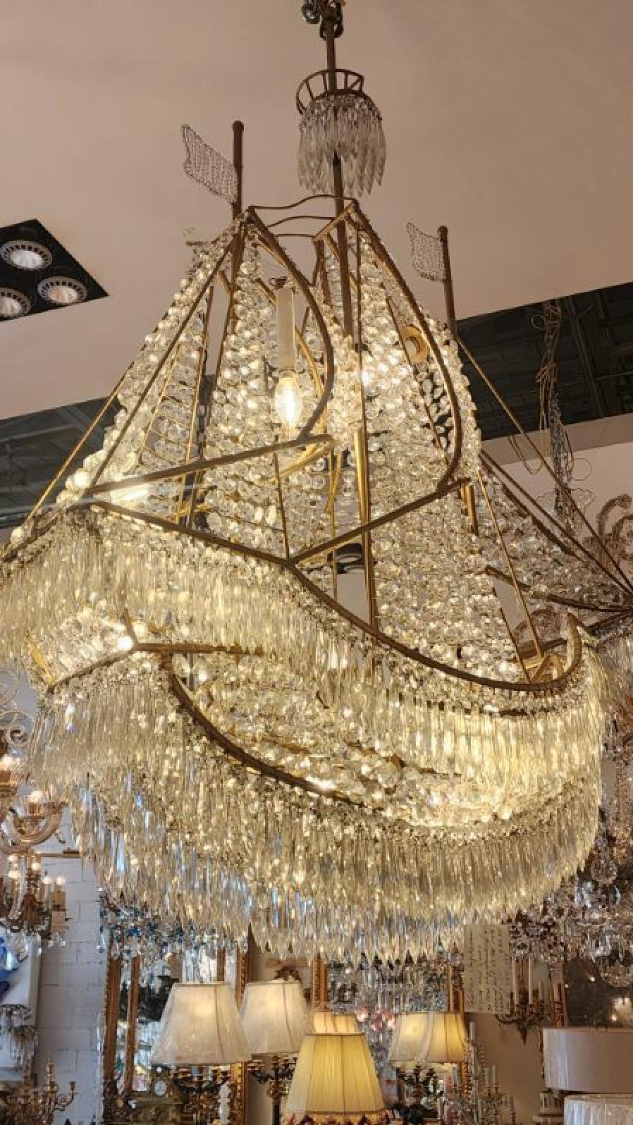 French Crystal and Brass Galleon Ship Chandelier For Sale