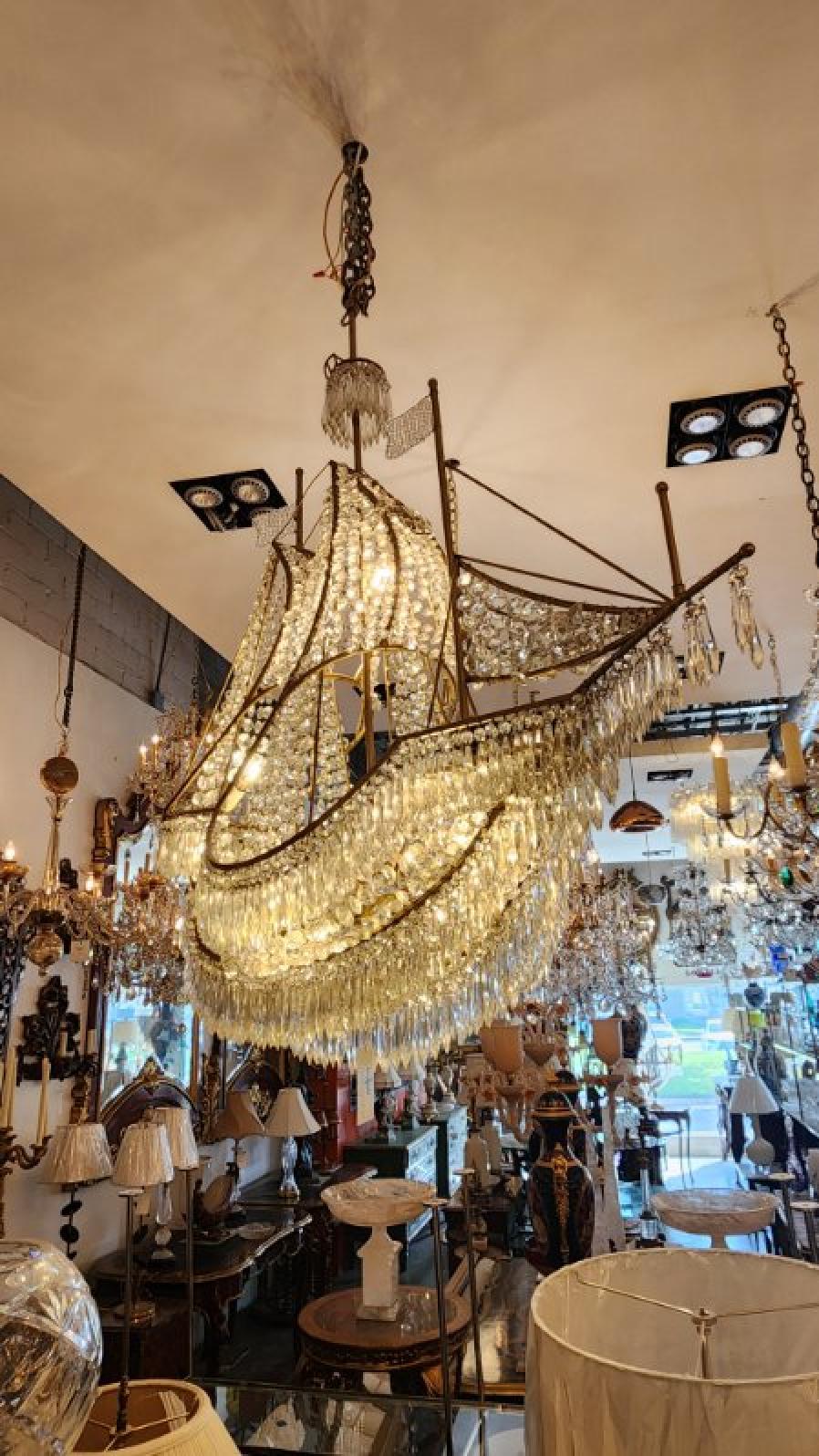 Crystal and Brass Galleon Ship Chandelier In Good Condition For Sale In Dallas, TX