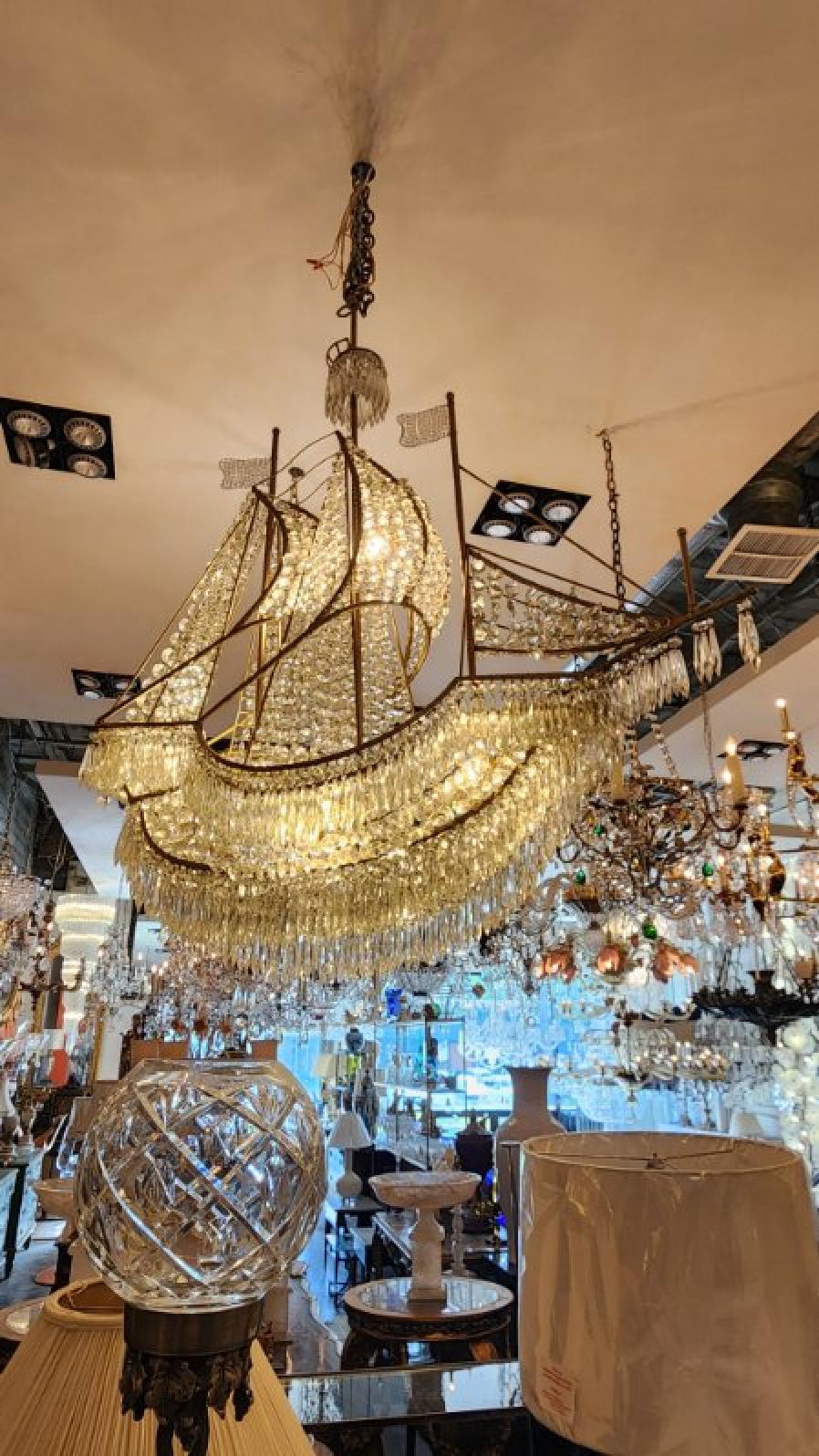 19th Century Crystal and Brass Galleon Ship Chandelier For Sale
