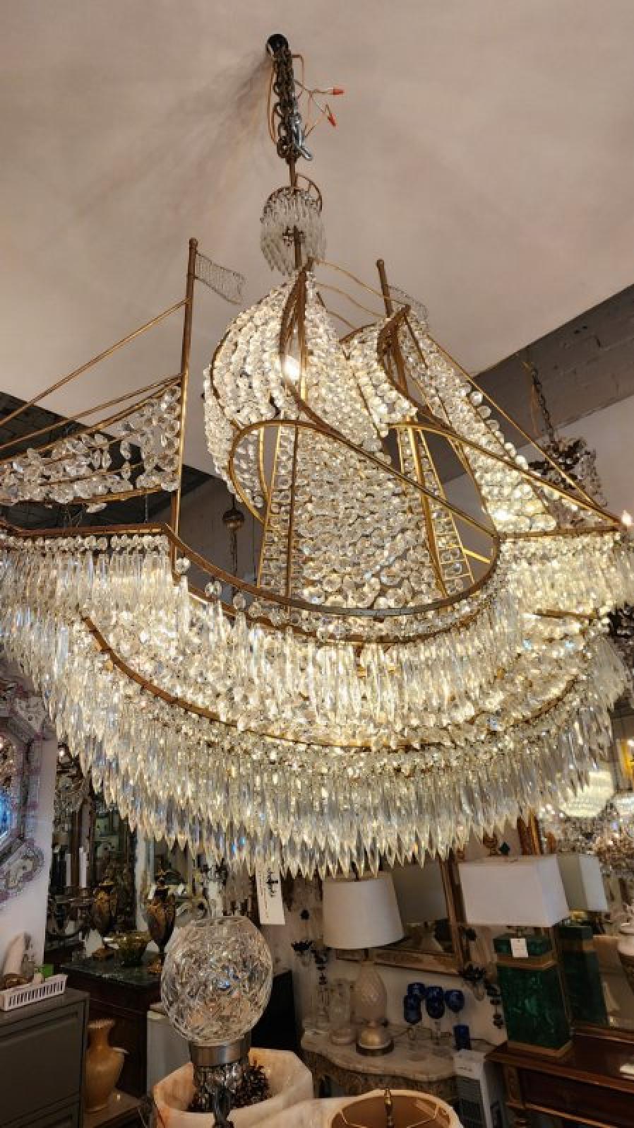 Crystal and Brass Galleon Ship Chandelier For Sale 3