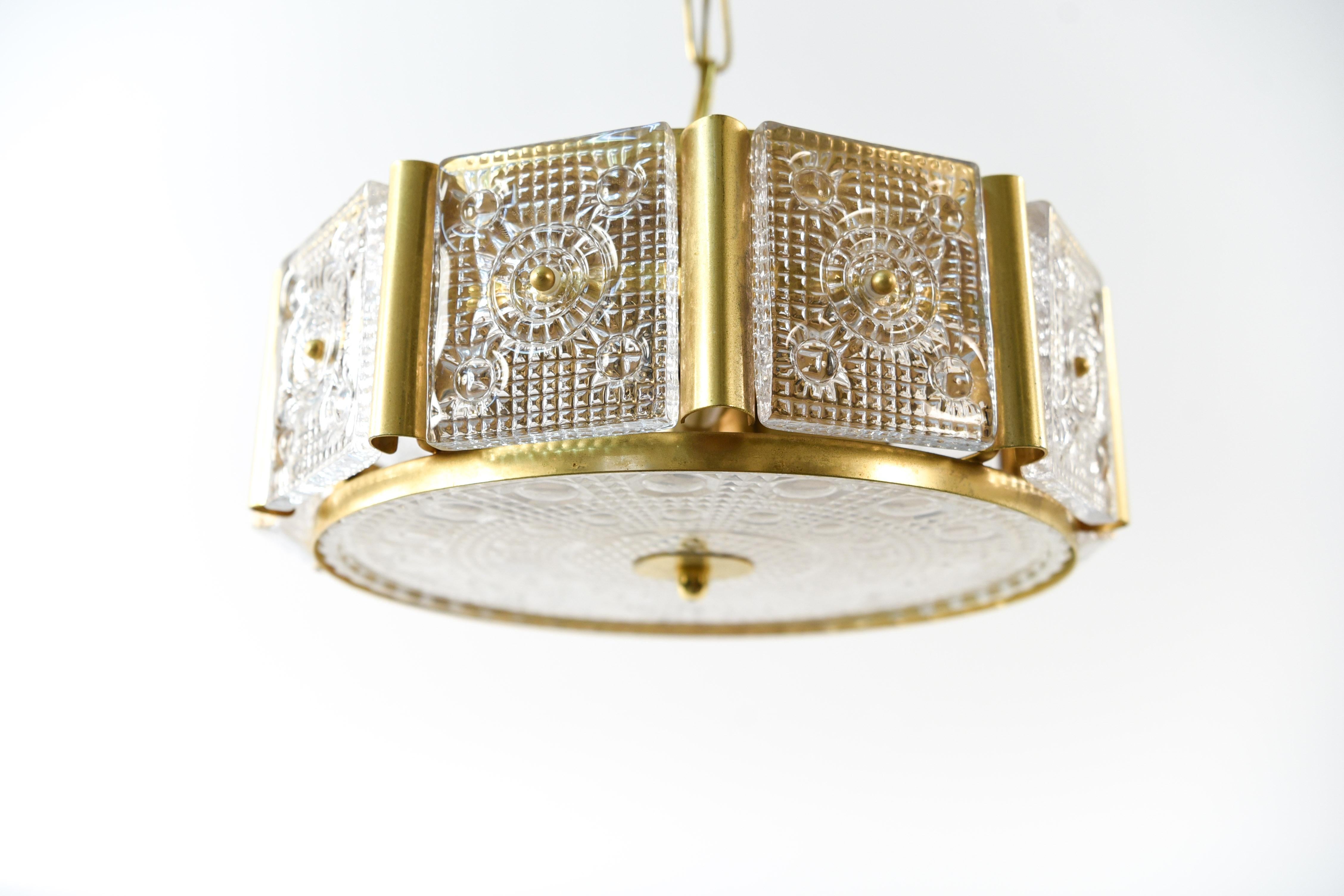Crystal and Brass Pendant Chandelier by Carl Fagerlund for Orrefors, 1960s 4