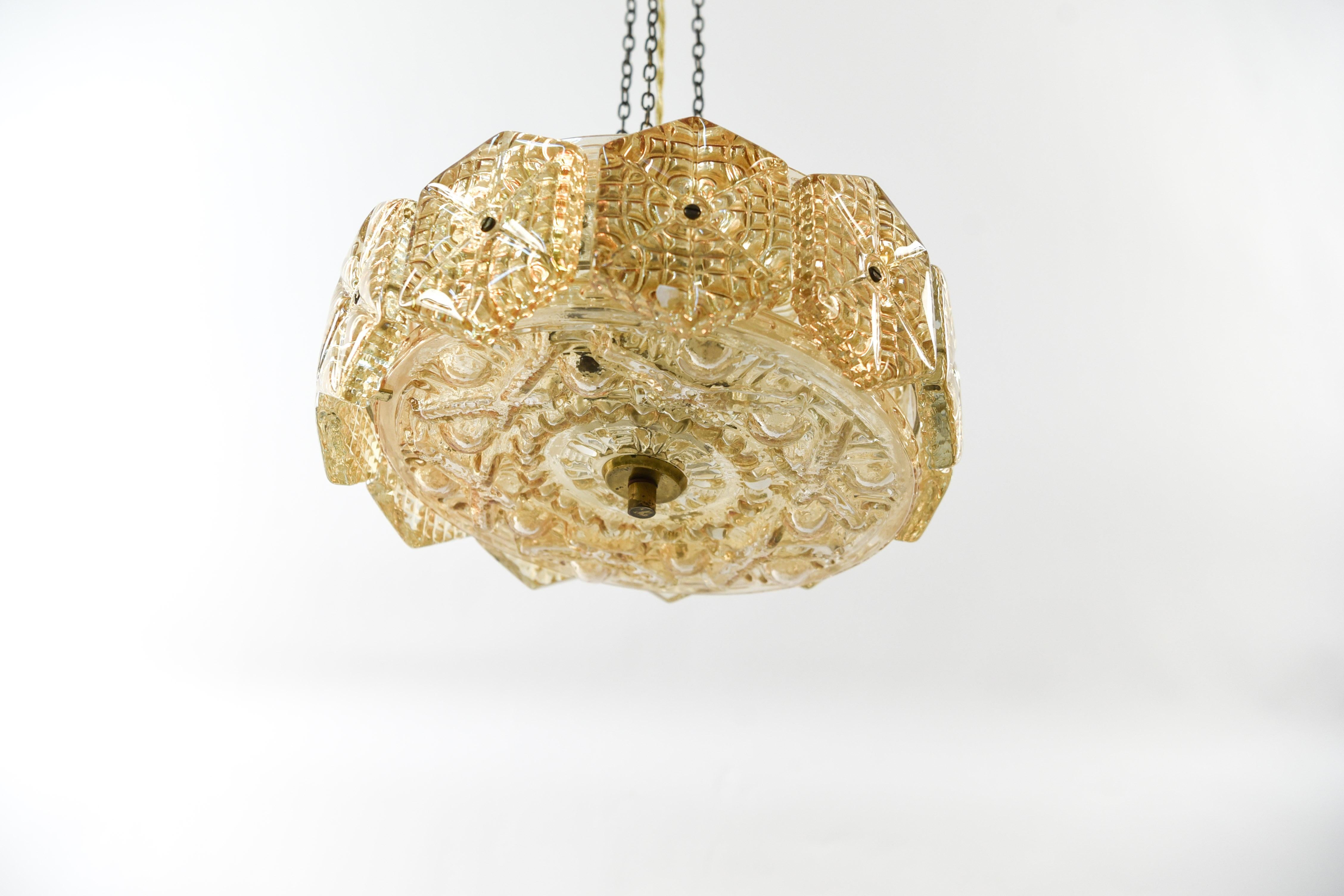Mid-Century Modern Crystal and Brass Pendant Chandelier by Carl Fagerlund for Orrefors, 1960s