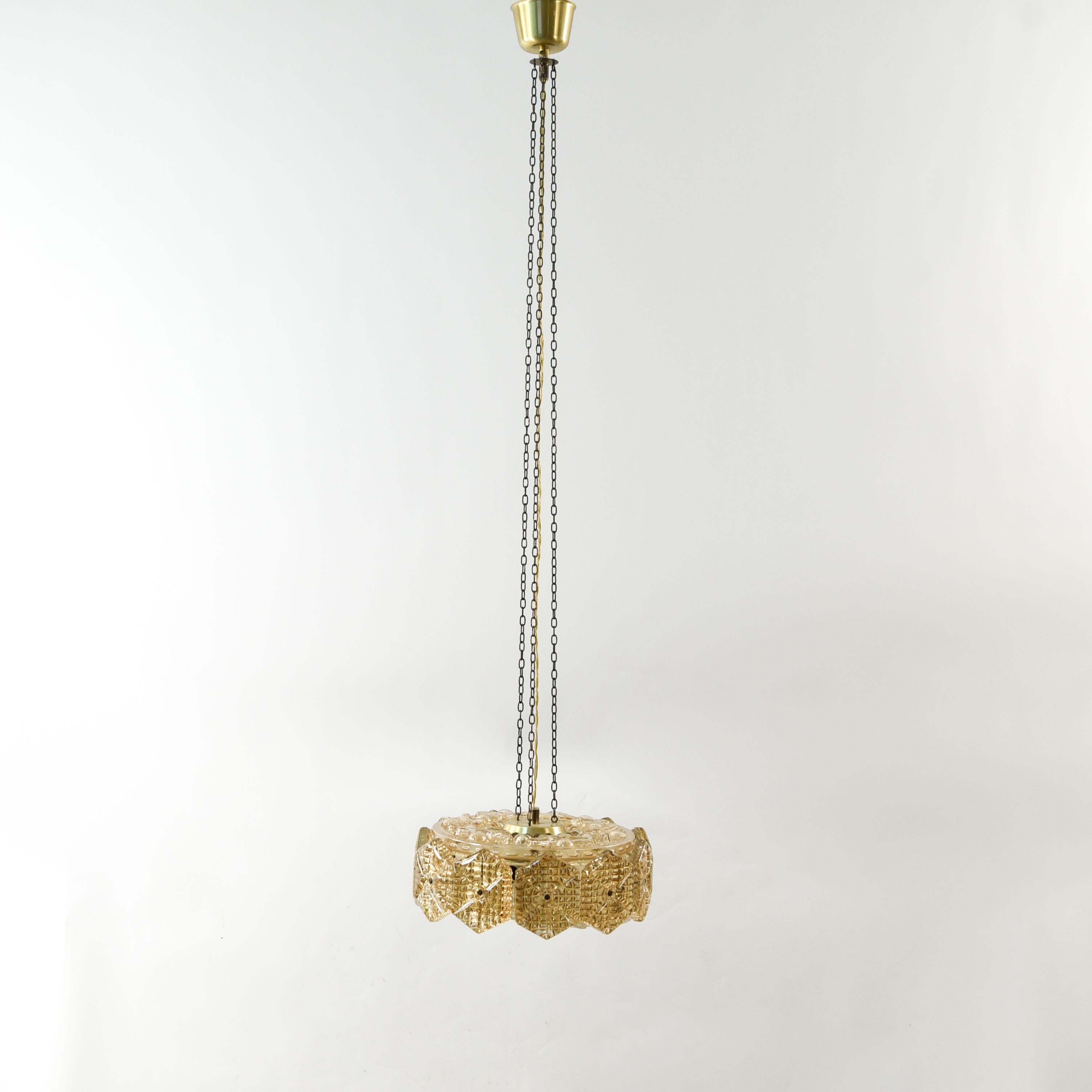 Swedish Crystal and Brass Pendant Chandelier by Carl Fagerlund for Orrefors, 1960s