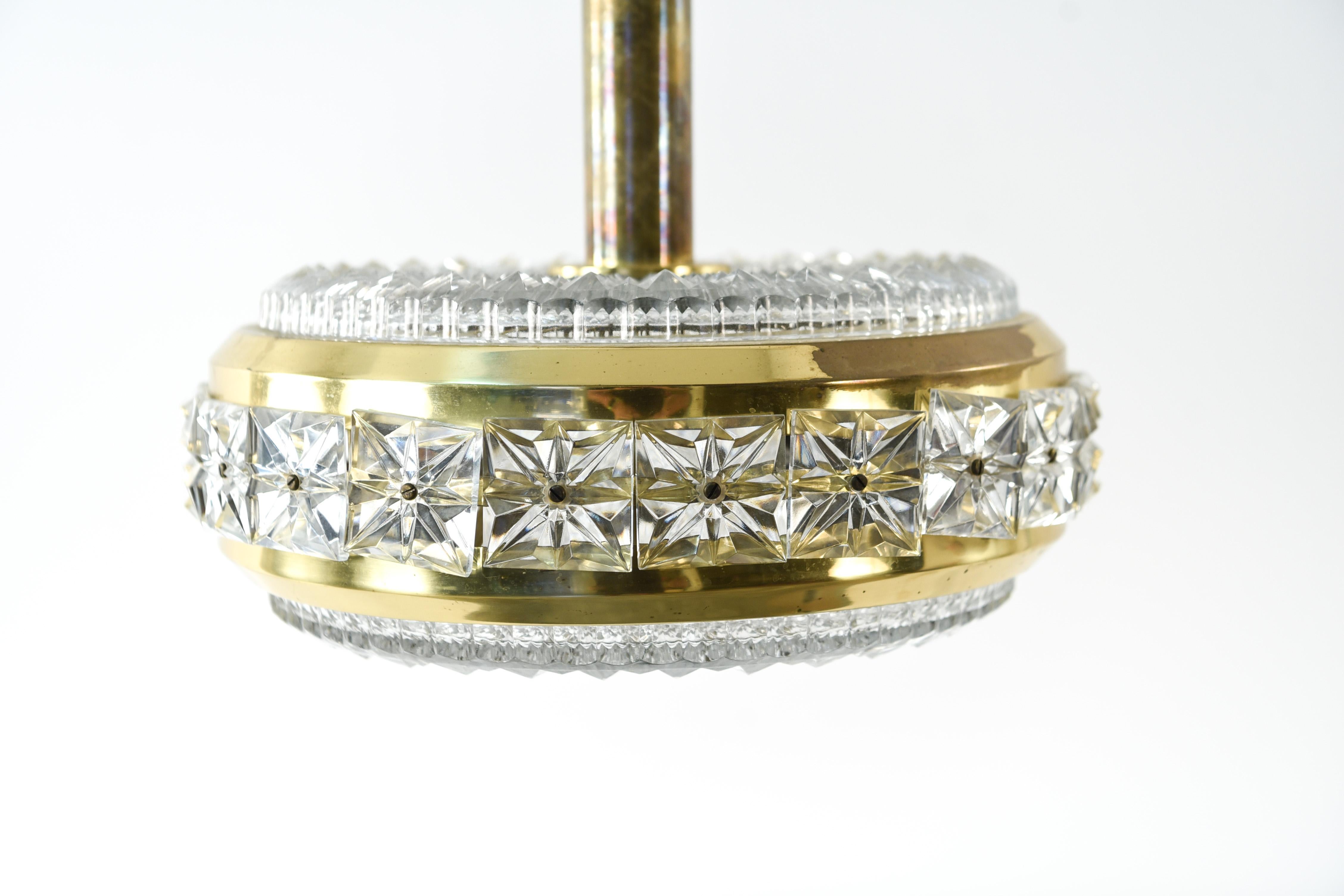 Crystal and Brass Pendant Chandelier by Carl Fagerlund for Orrefors, 1960s 3