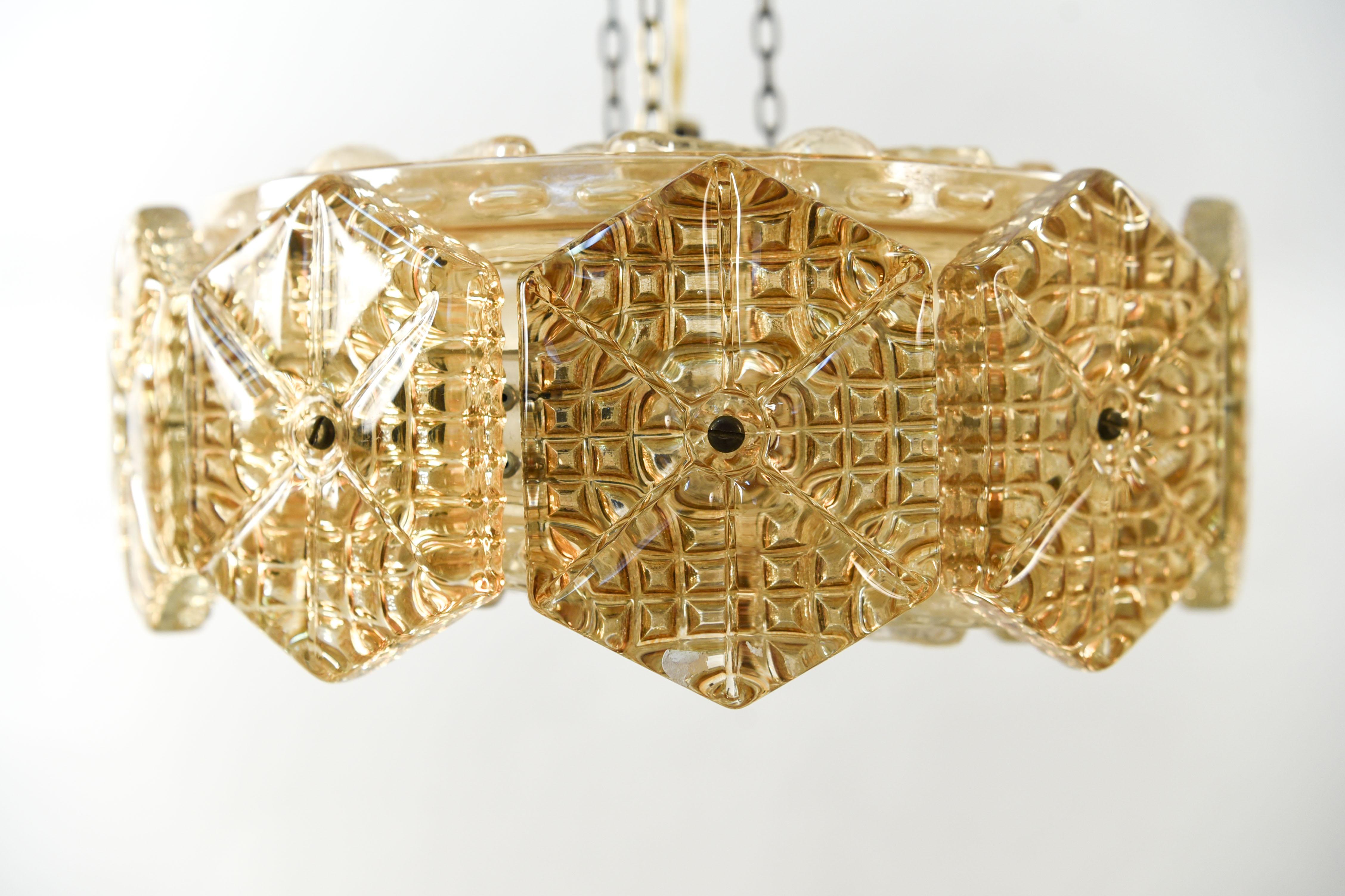 Crystal and Brass Pendant Chandelier by Carl Fagerlund for Orrefors, 1960s 3