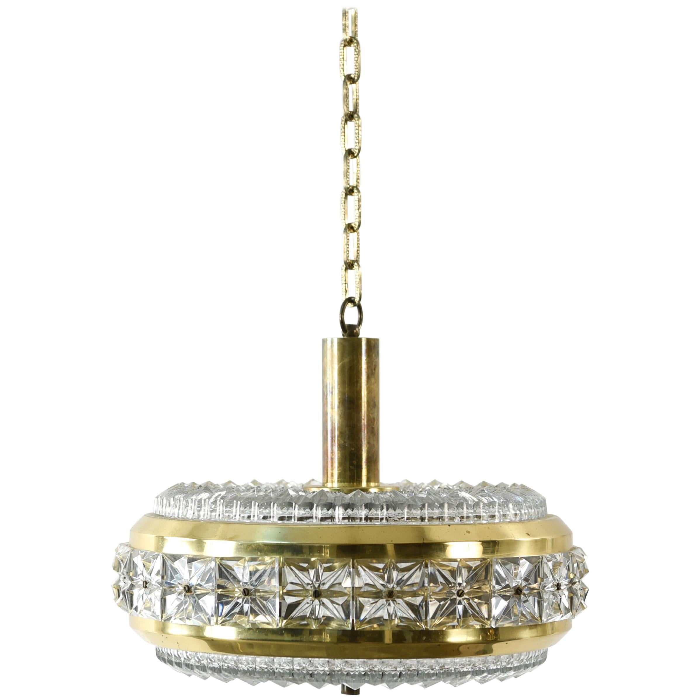Crystal and Brass Pendant Chandelier by Carl Fagerlund for Orrefors, 1960s